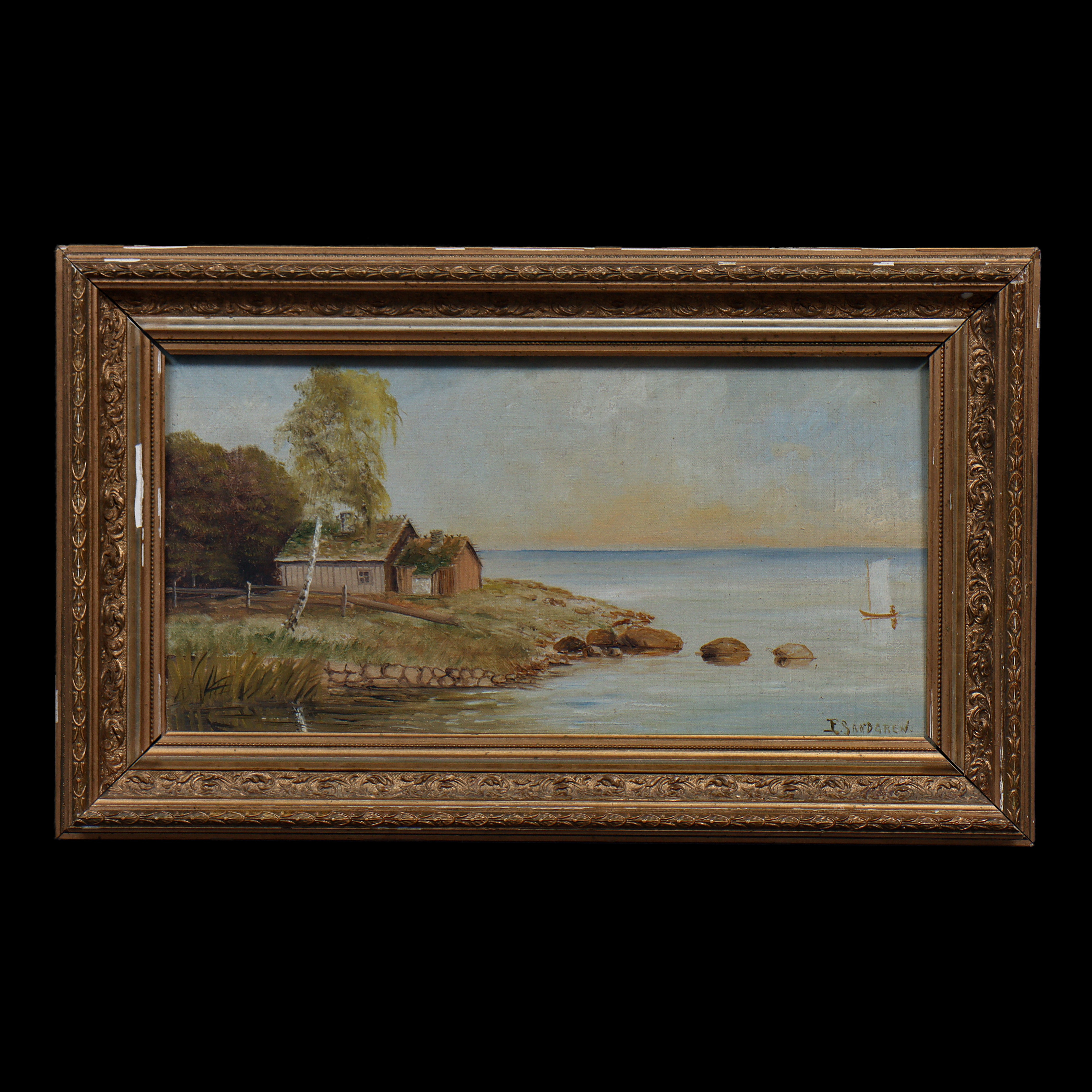 OIDENTIFIERAD KONSTNÄR, OLJA PÅ PANNÅ, E. SANDGREN, SIGNERAD.