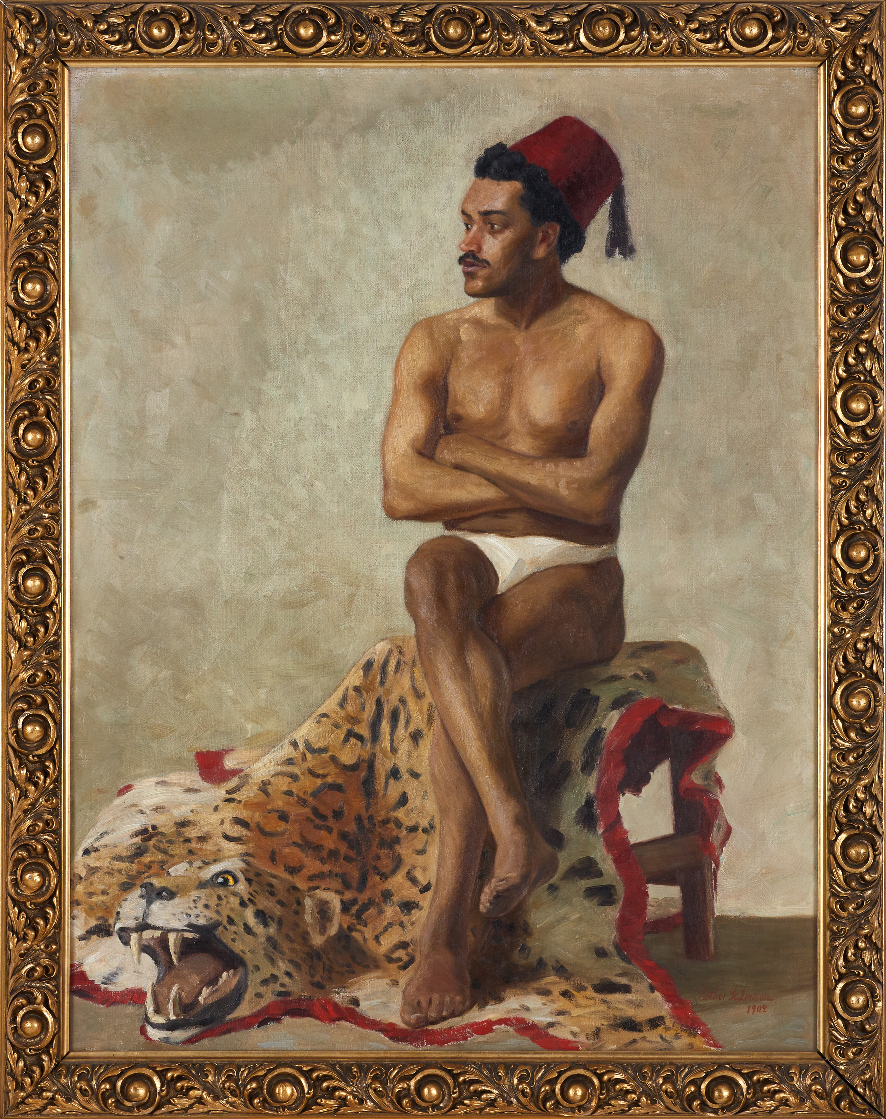 ESTHER SALMSON (SVERIGE, 1877–1966). Manlig modell i fez med leopardfäll, signerad och daterad Esther Salmson 1902, olja på duk.