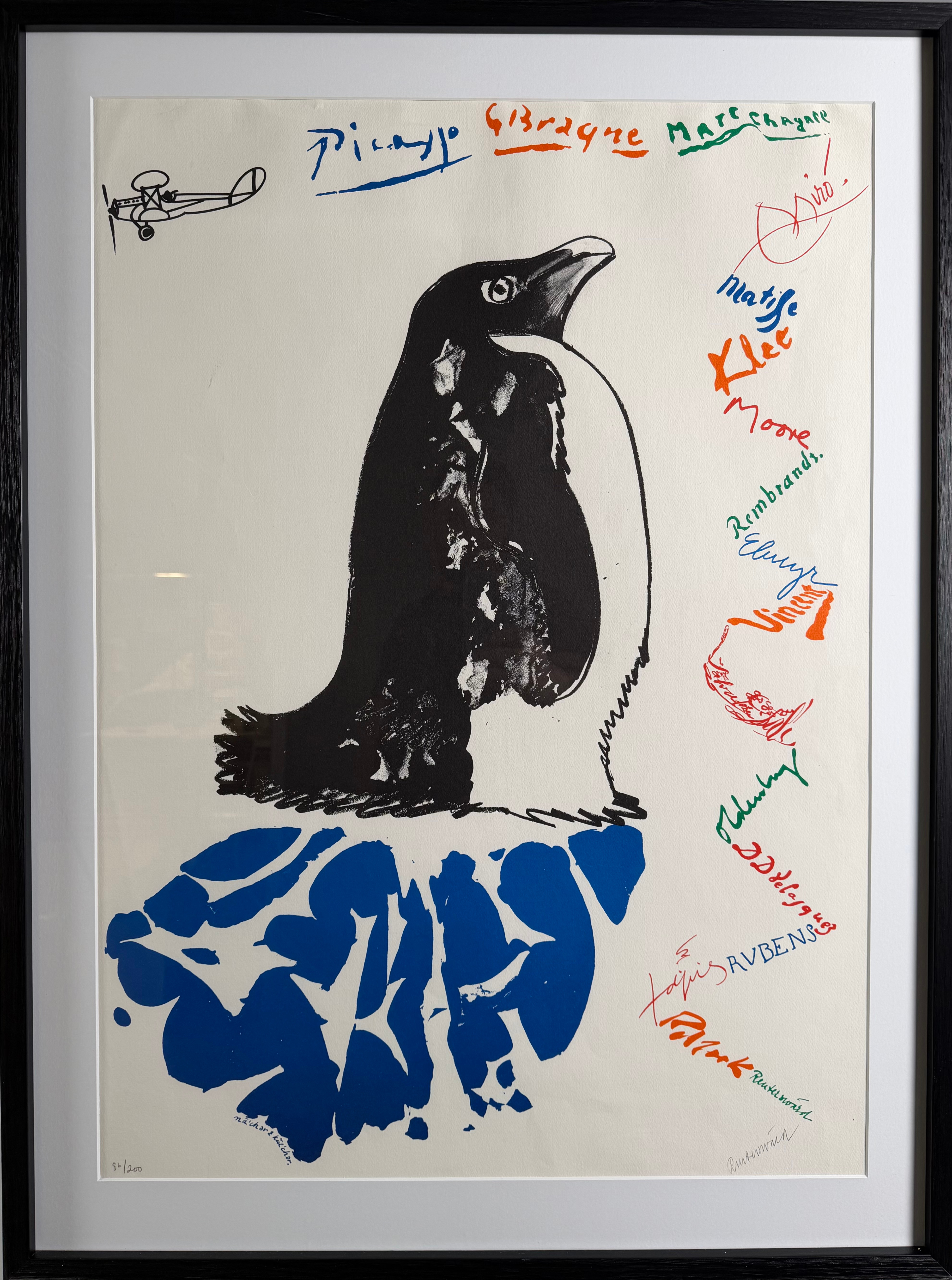 CARL FREDRIK REUTERSWÄRD. Komposition med pingvin och konstnärsnamn, färglitografi, signerad och numrerad Reuterswärd 86/200.