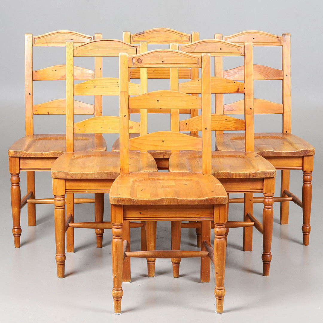 MATSALSSTOLAR, 6 st, trä med keramikdetalj, anatomisk formad sits.