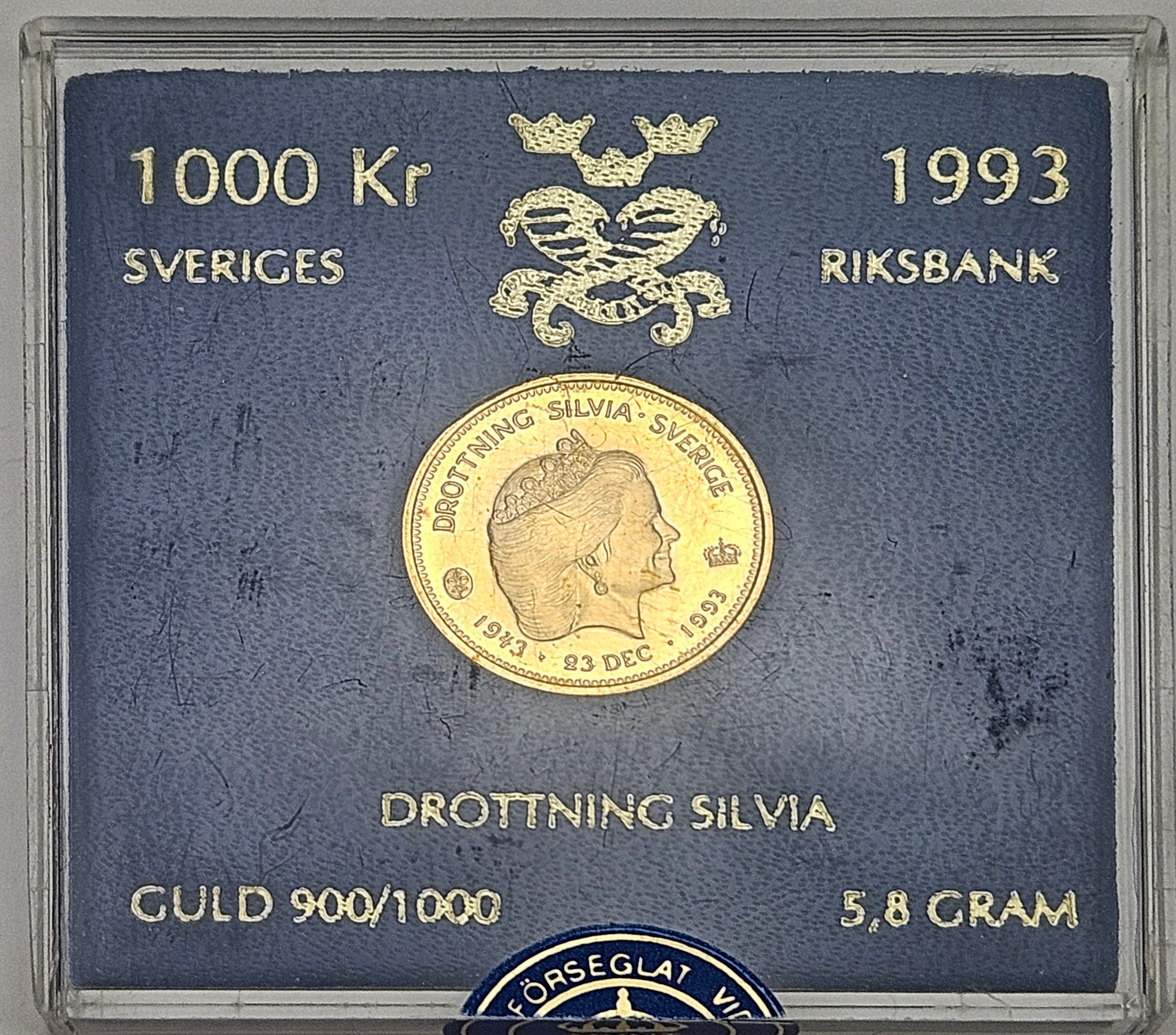 MYNT, guld, 1000 kronor, Drottning Silvia, Sverige, 1993, 5,8 gram.