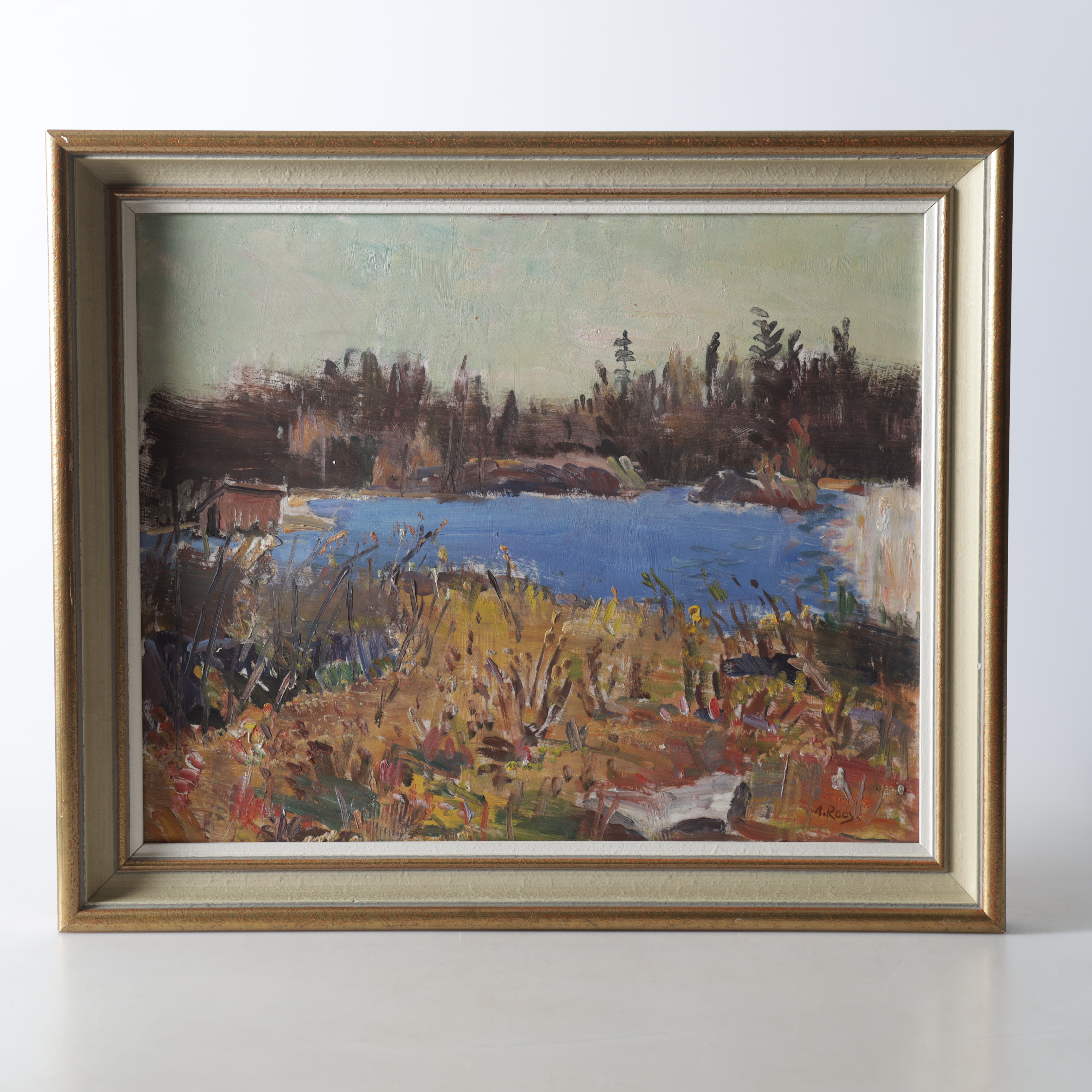 ALEXANDER ROOS. Olja på pannå, vattendrag i fjällmiljö, signerad.