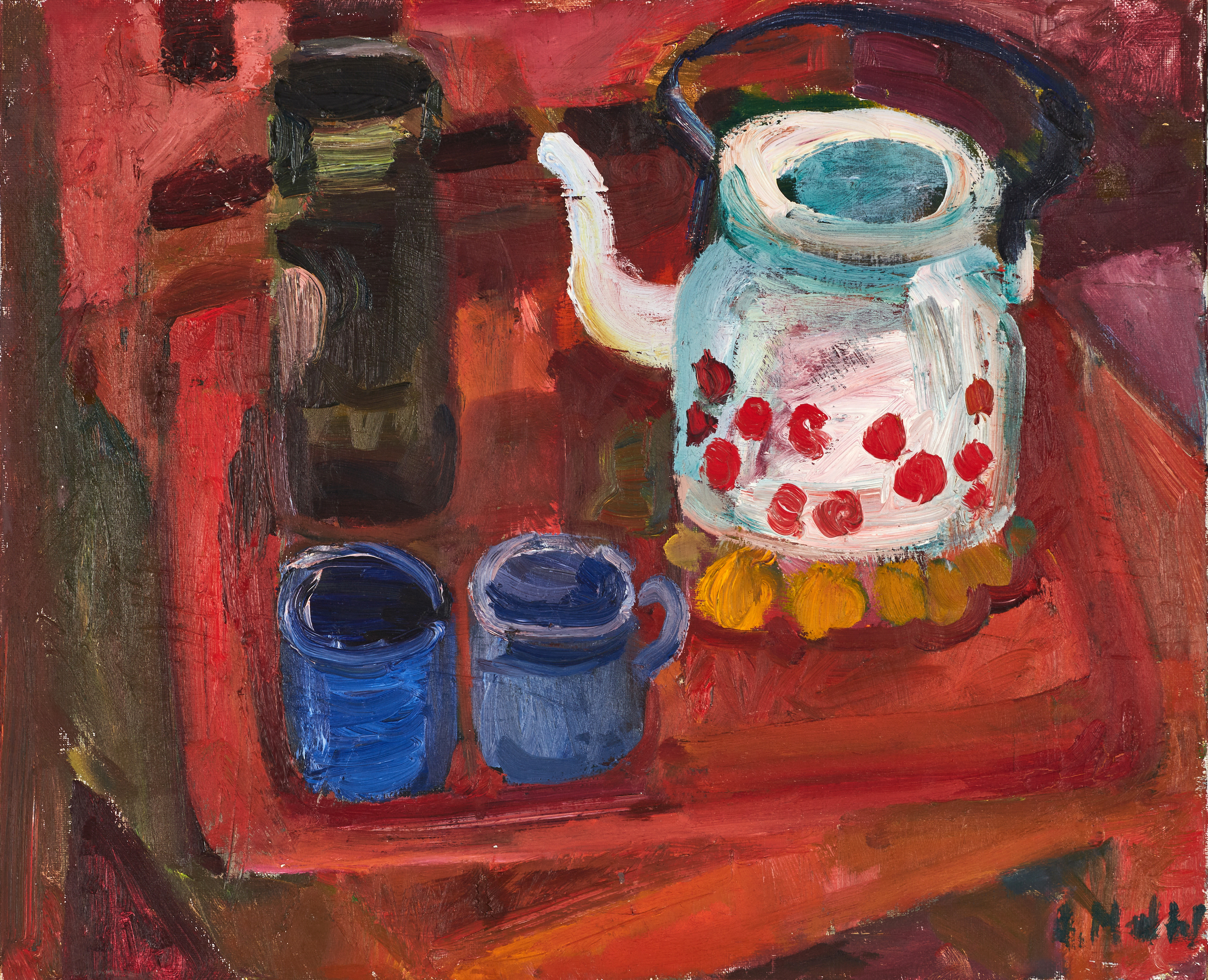 ASTRID MUNTHE DE WOLFE (Sverige, Stockholm, född 1926): "Rött stilleben", signerad A.M.d.W., olja på duk.