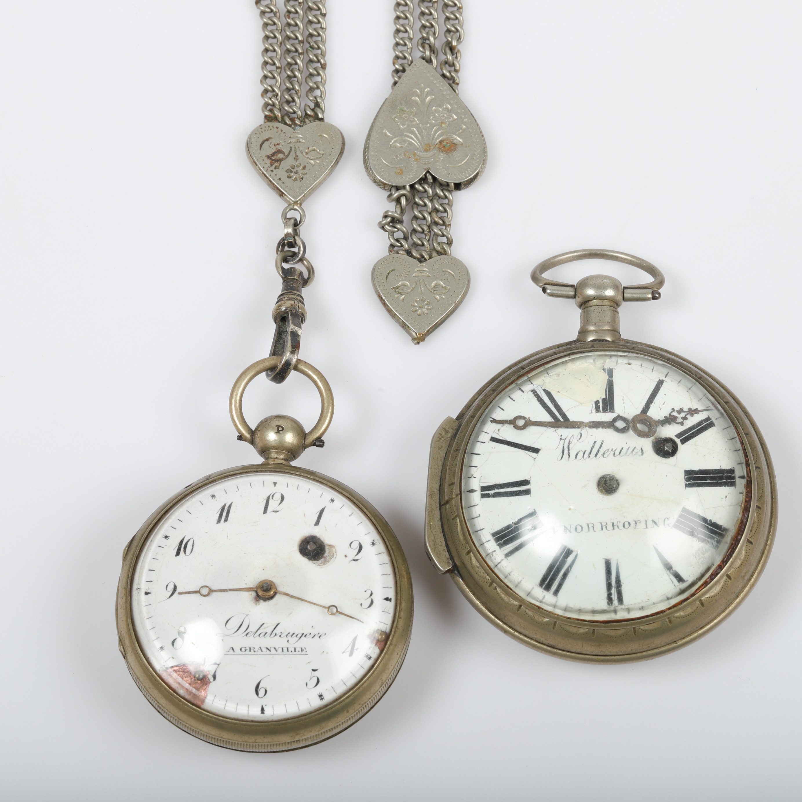 SPINDELUR, 2 stycken, vitmetall, bl. a. Wallerius Norrköping.