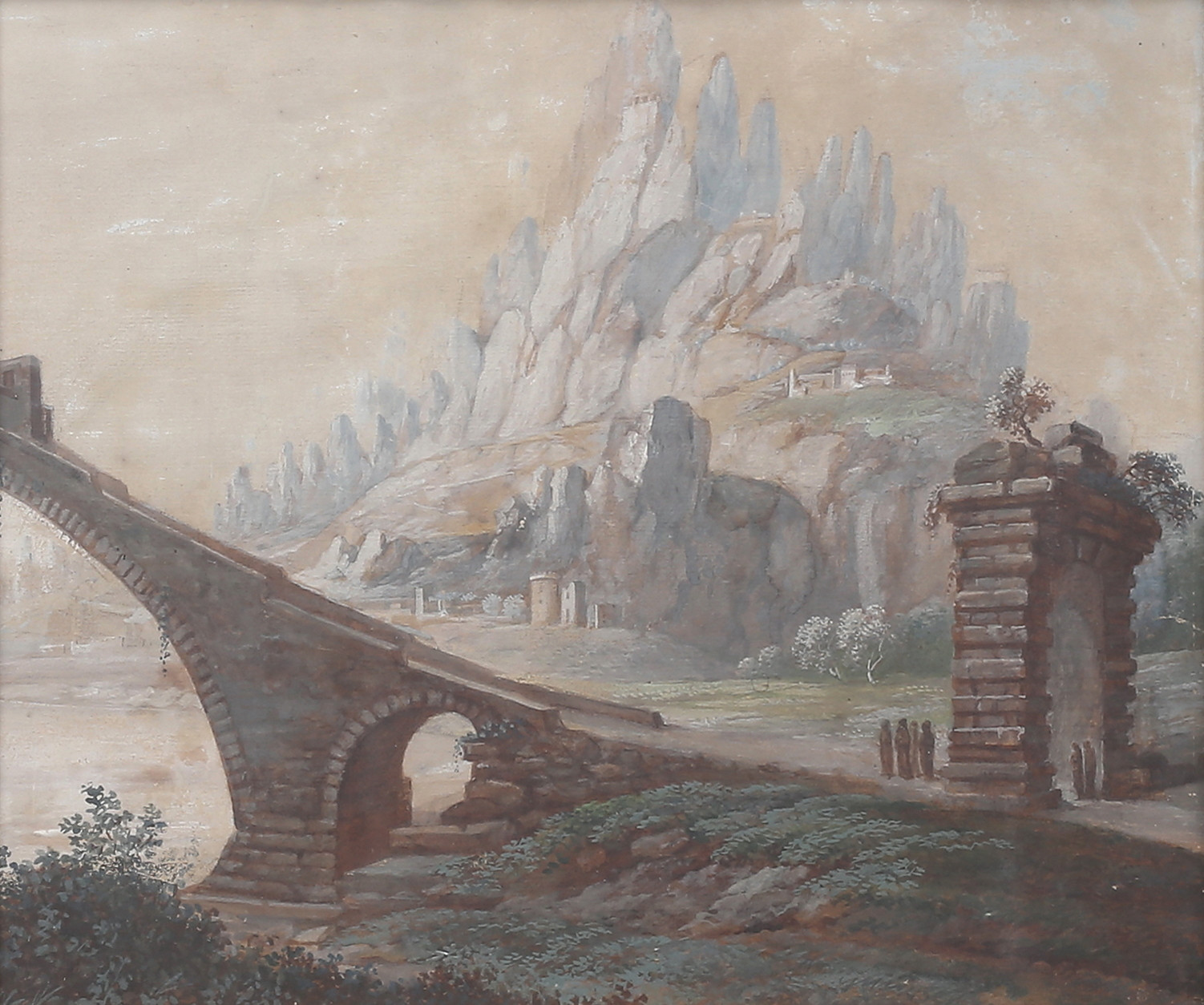 OKÄND KONSTNÄR. Europeiskt bergslandskap med bro. Akvarell, osignerad.