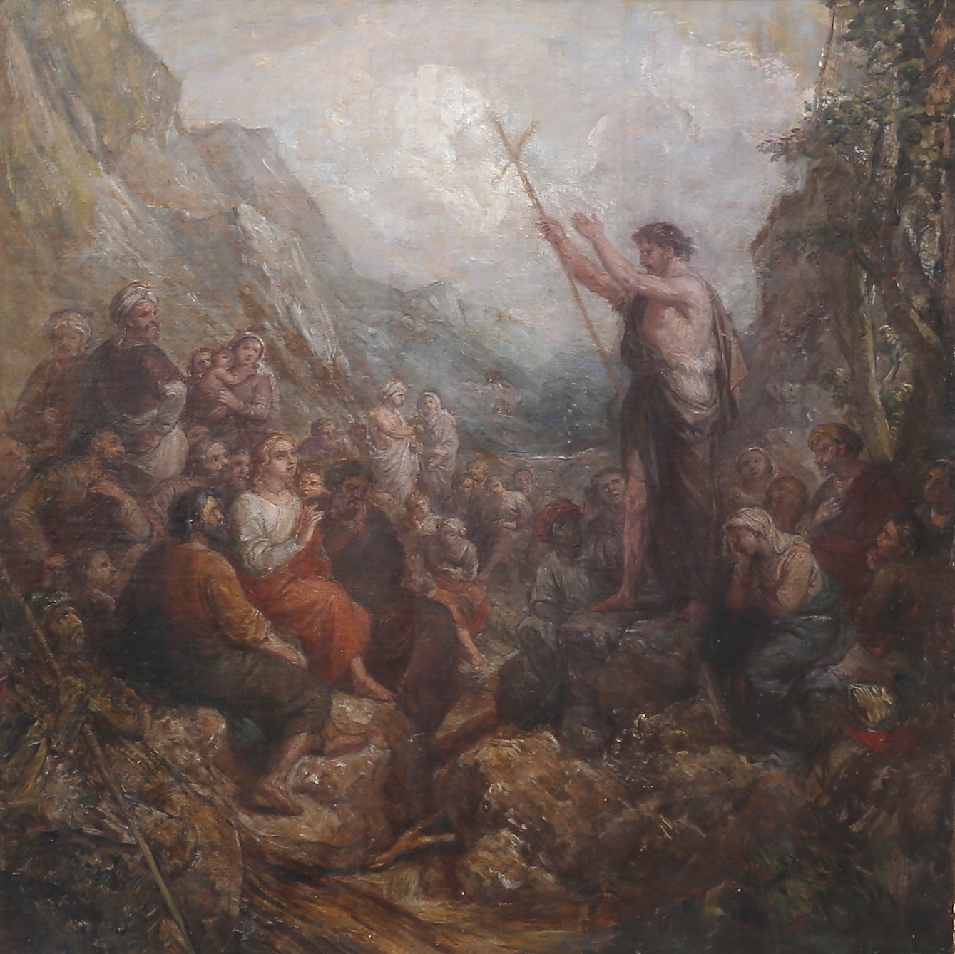 OKÄND KONSTNÄR. Johannes Döparen håller predikan. Olja på pannå, osignerad.