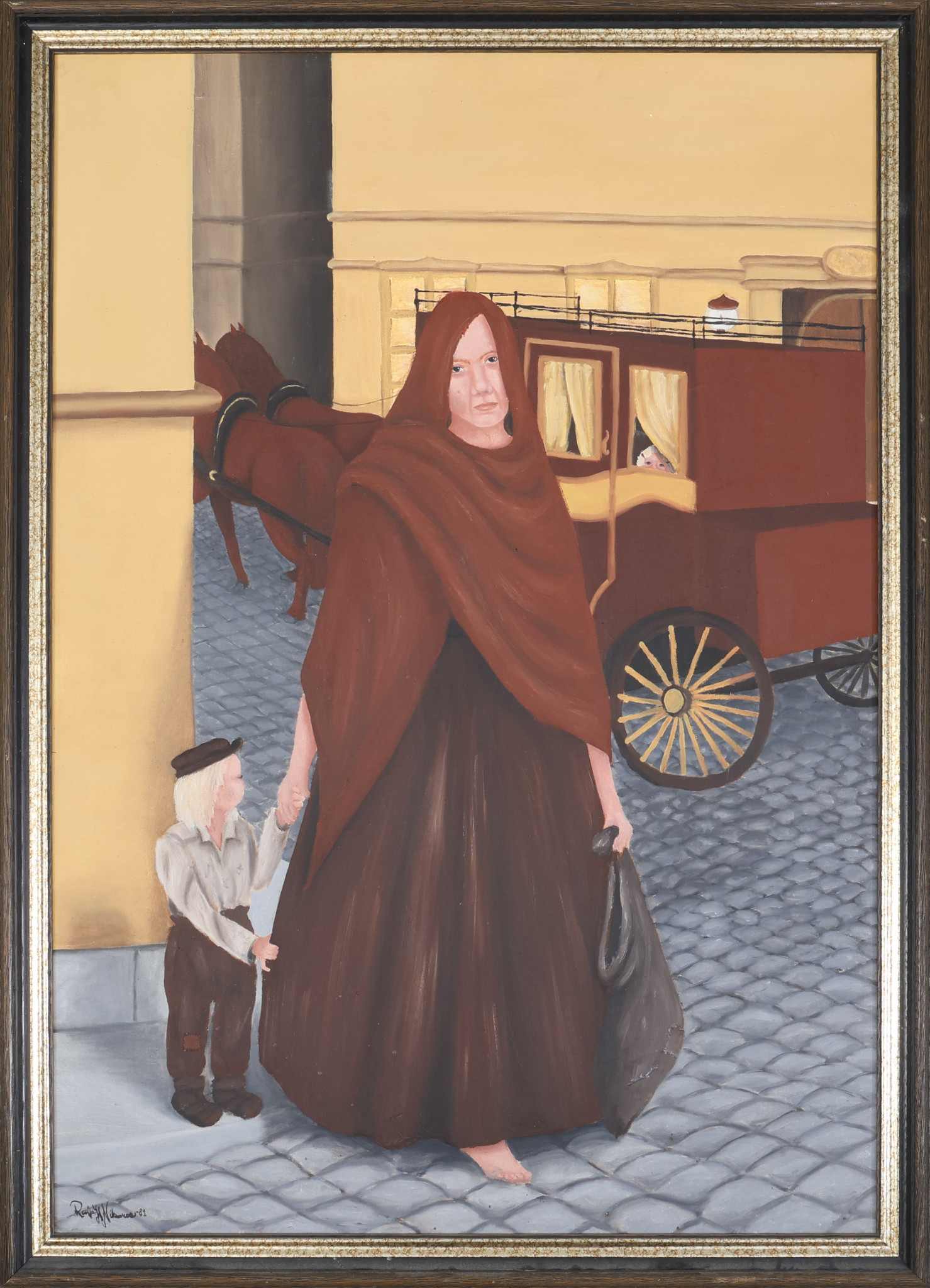 OIDENTIFIERAD KONSTNÄR. Olja på duk, kvinna med barn, signerad, daterad 1981.