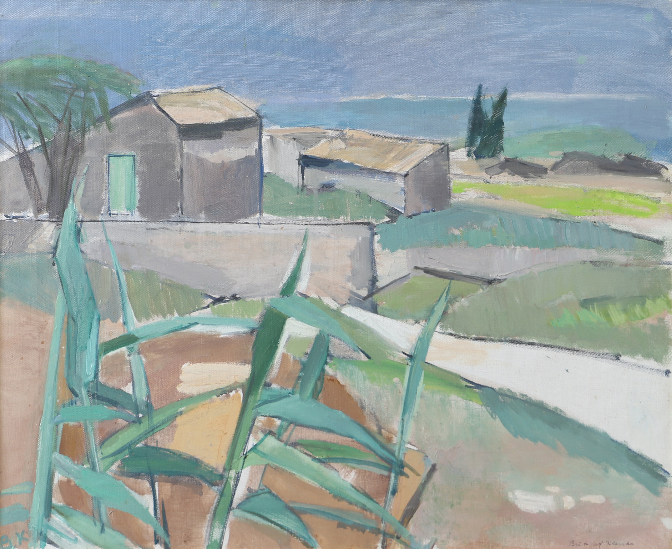 BRITA AF KLERCKER. Landskap med hus, olja på duk, signerad.