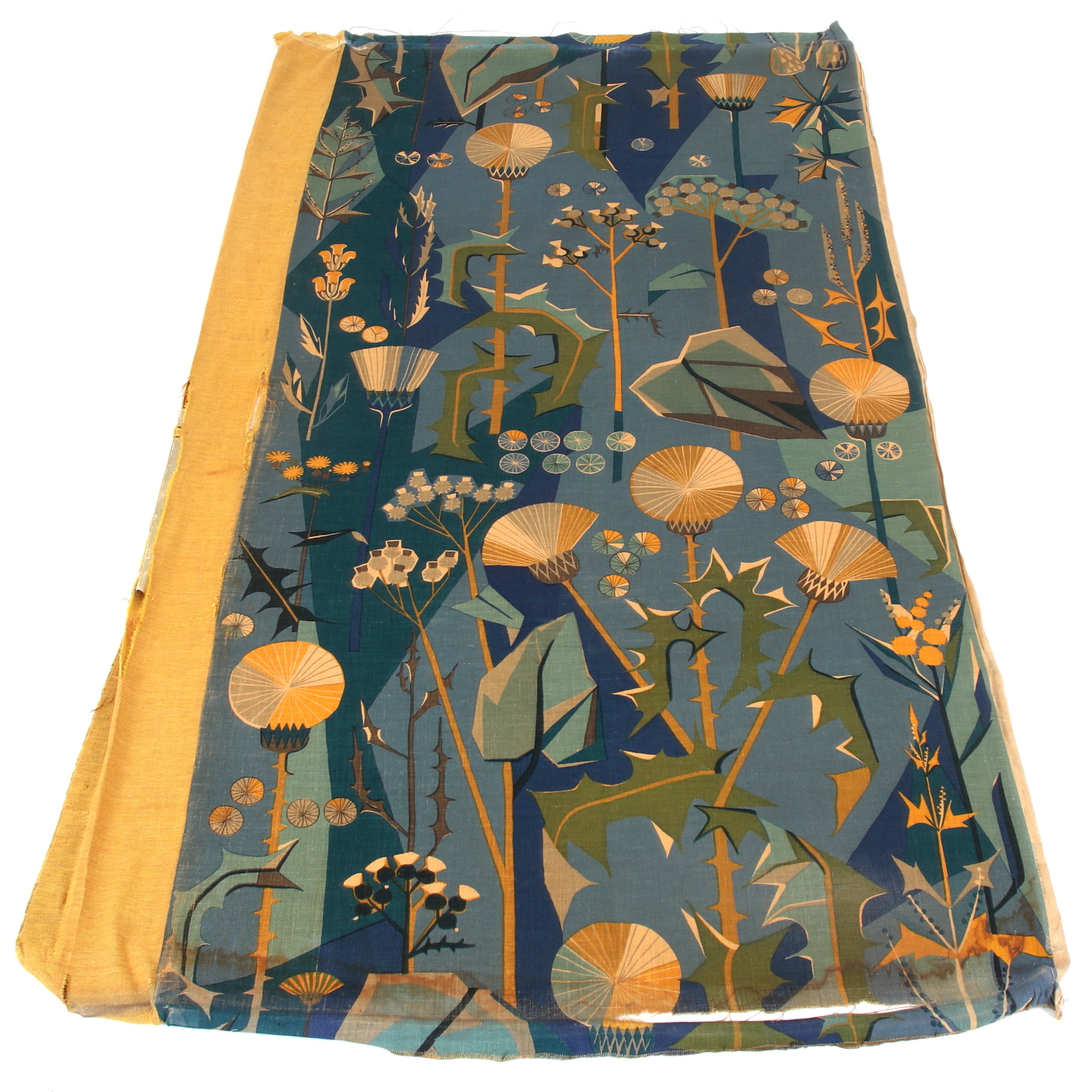 DAGMAR LODÉN. Draperi/textil, grovt linnetyg, "Tistlar", Jobs Handtryck, Leksand, 1950-tal, ca 274 x 129 cm.