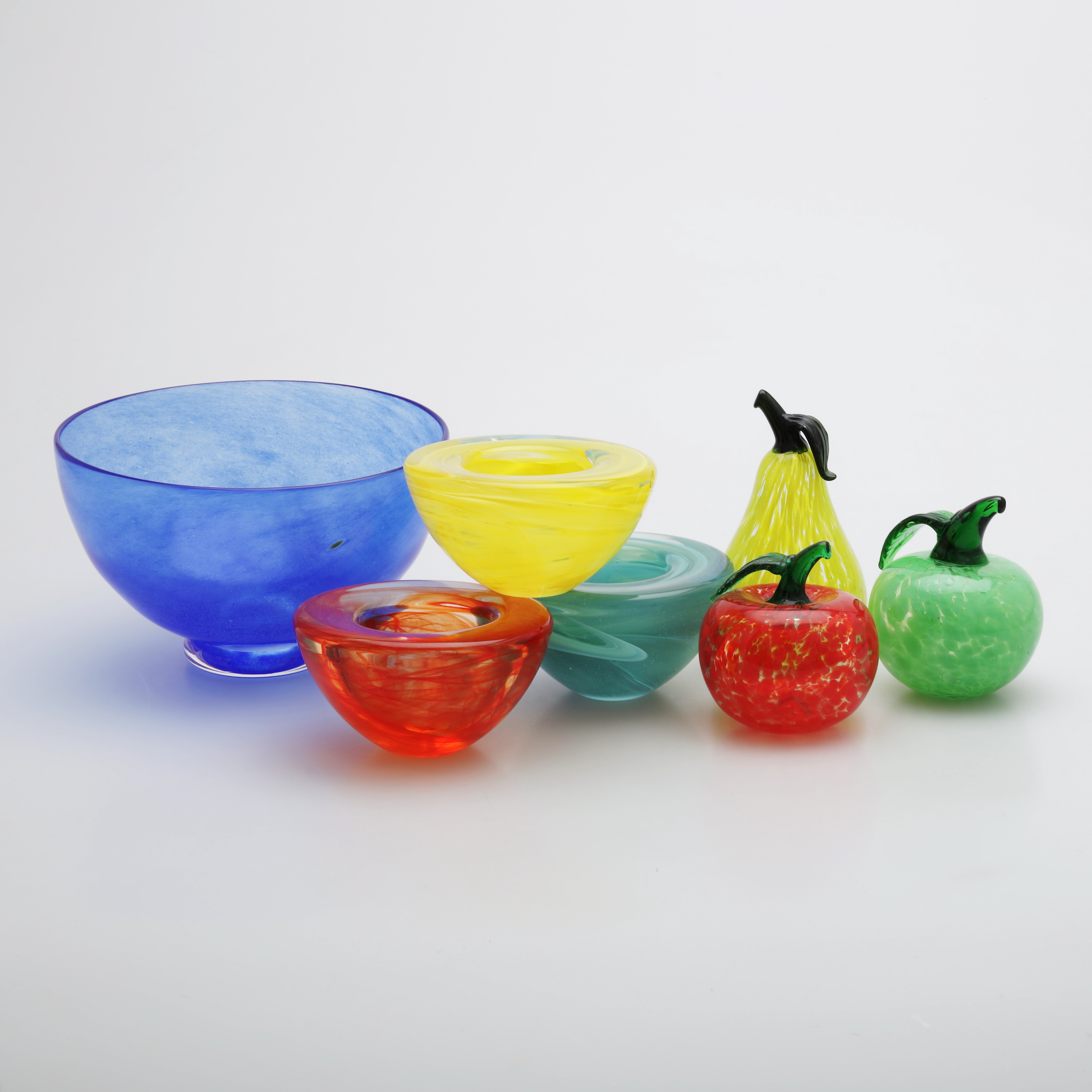 FRUKTER, SKÅL, LJUSLYKTOR, 7 delar, glas, Gunnel Sahlin, Anna Ehrner, Kosta Boda, Smålandsglas.