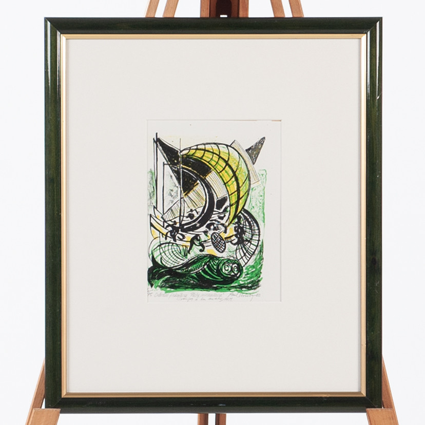 PAUL HOLSBY. "Oväntat fiskafänge", färglitografi, signerad, daterad och numrerad.