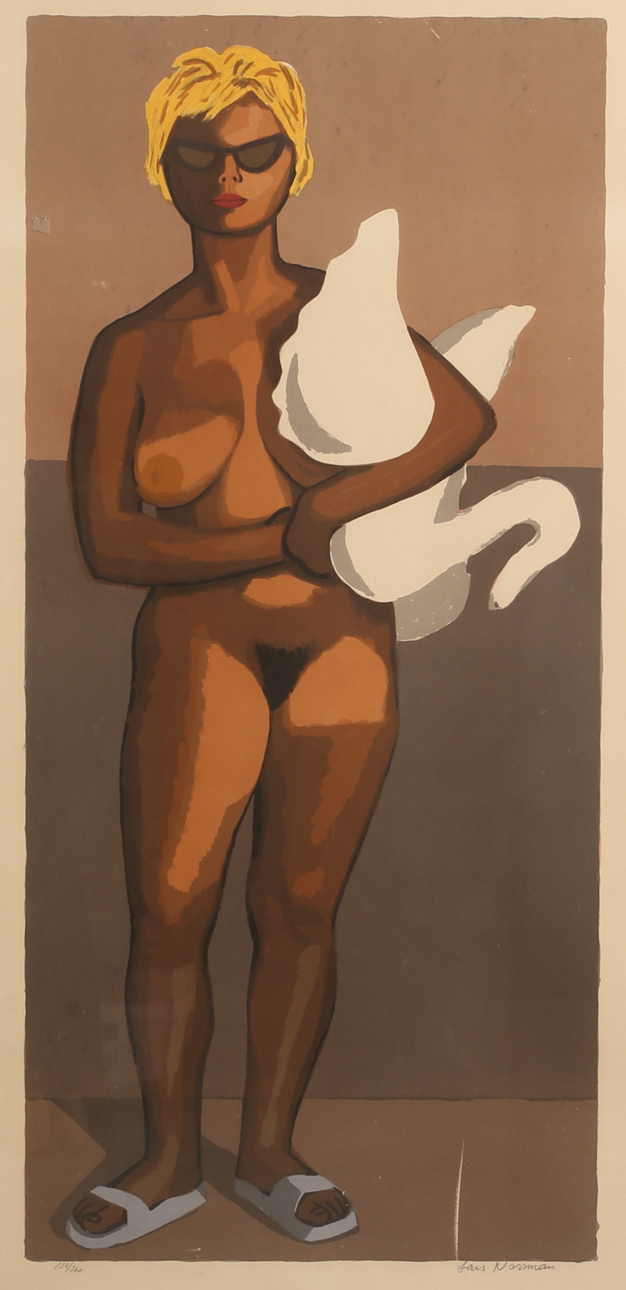 LARS NORRMAN. Färglitografi, kvinna med svan, signerad, 138/360.