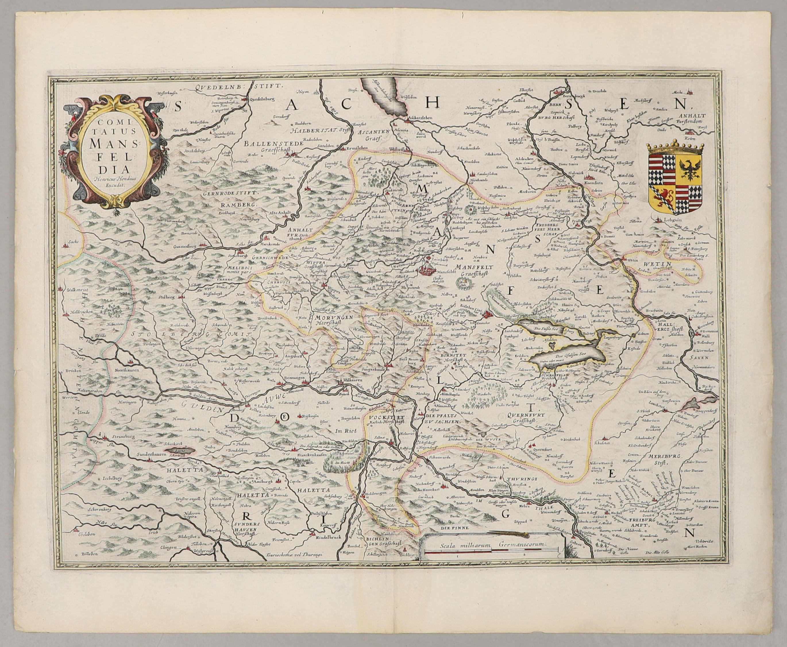 JODOCUS HONDIUS, karta, handkolorerat kopparstick. Mansfeld, Saxony-Anhalt, ca 1630.
