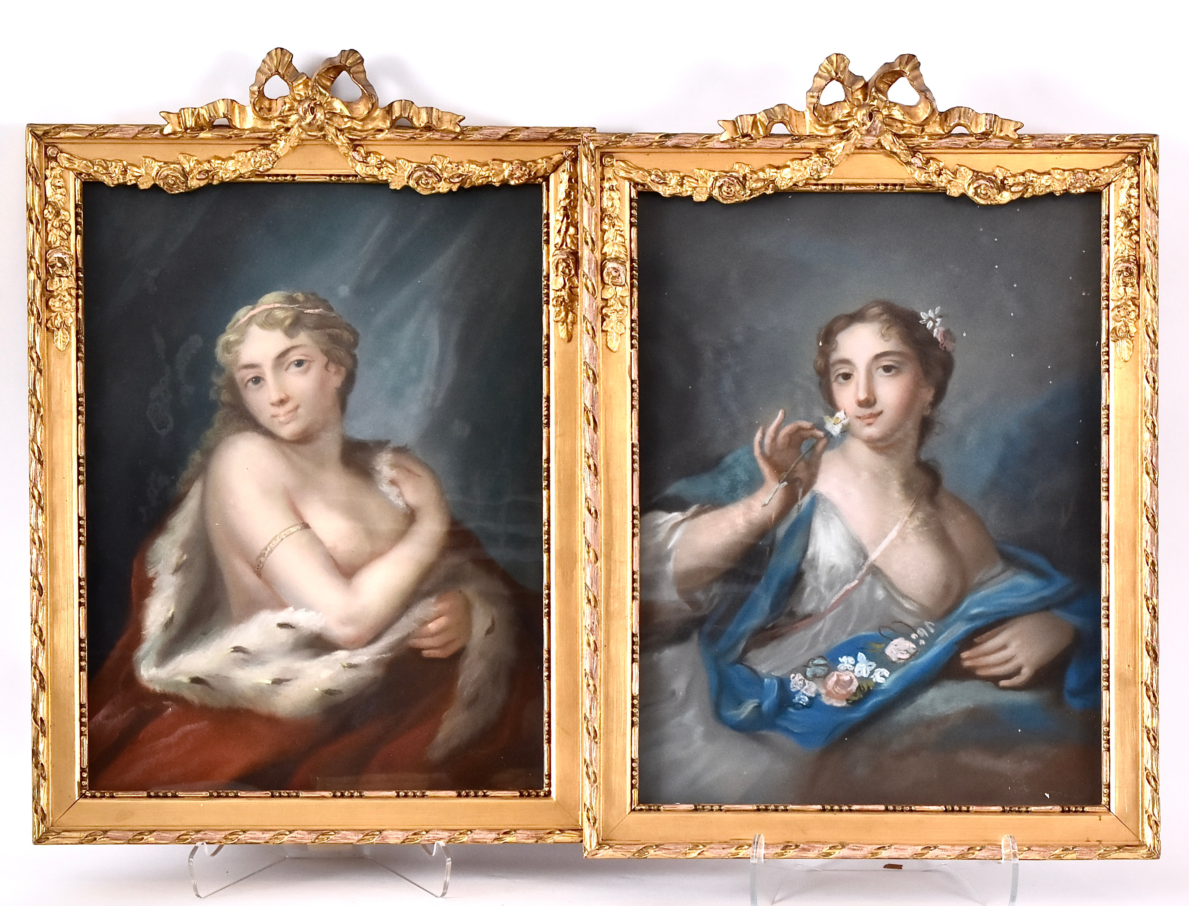 ROSALBA CARRIERA. EFTER. pasteller, 1 par, kvinnoporträtt, 1800-talets slut.