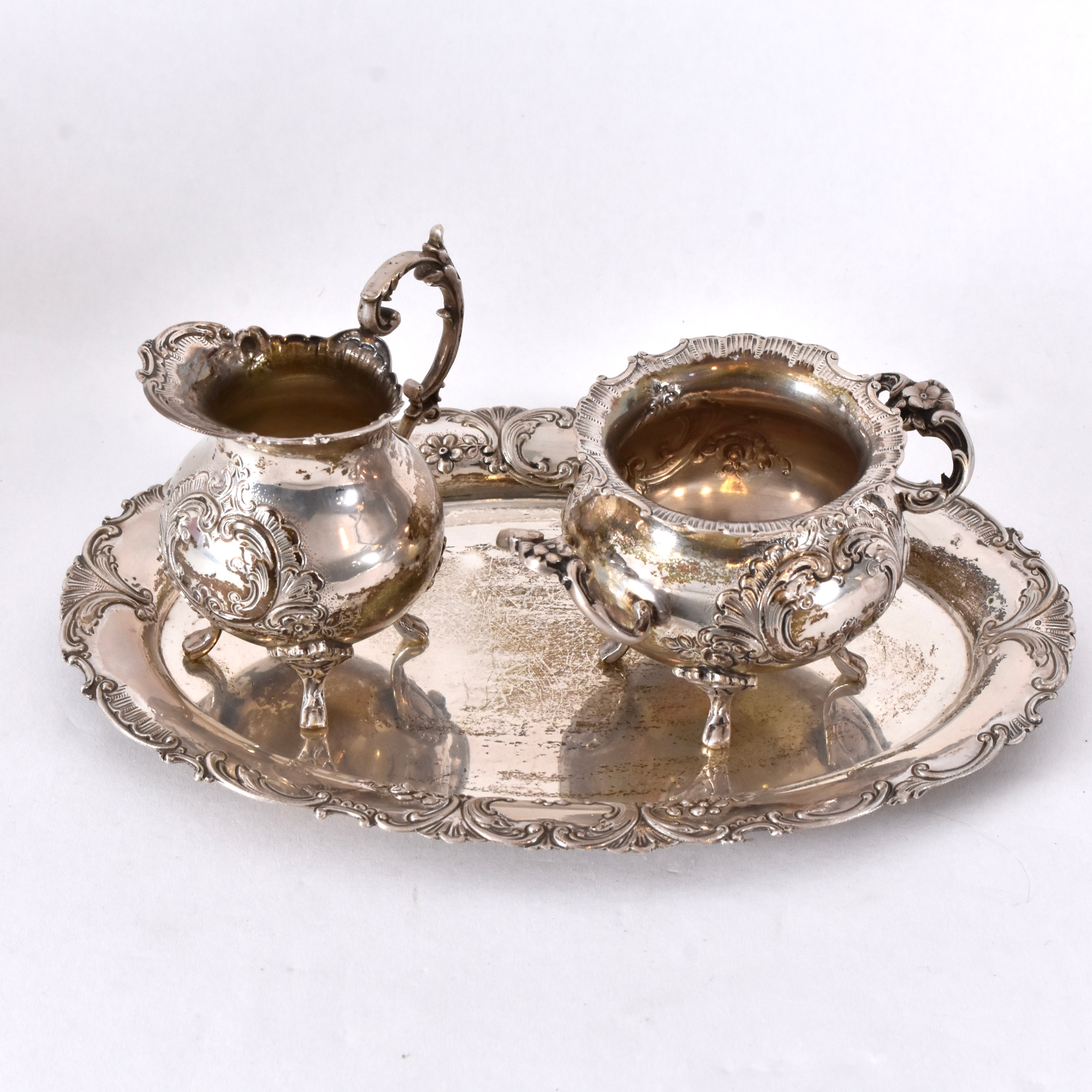 SOCKERSKÅL, GRÄDDKANNA SAMT BRICKA, silver, 1900-tal.