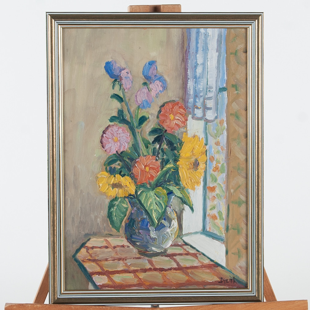 OTTO DJERF (1868-1954). Blomsterstilleben Olja på pannå.