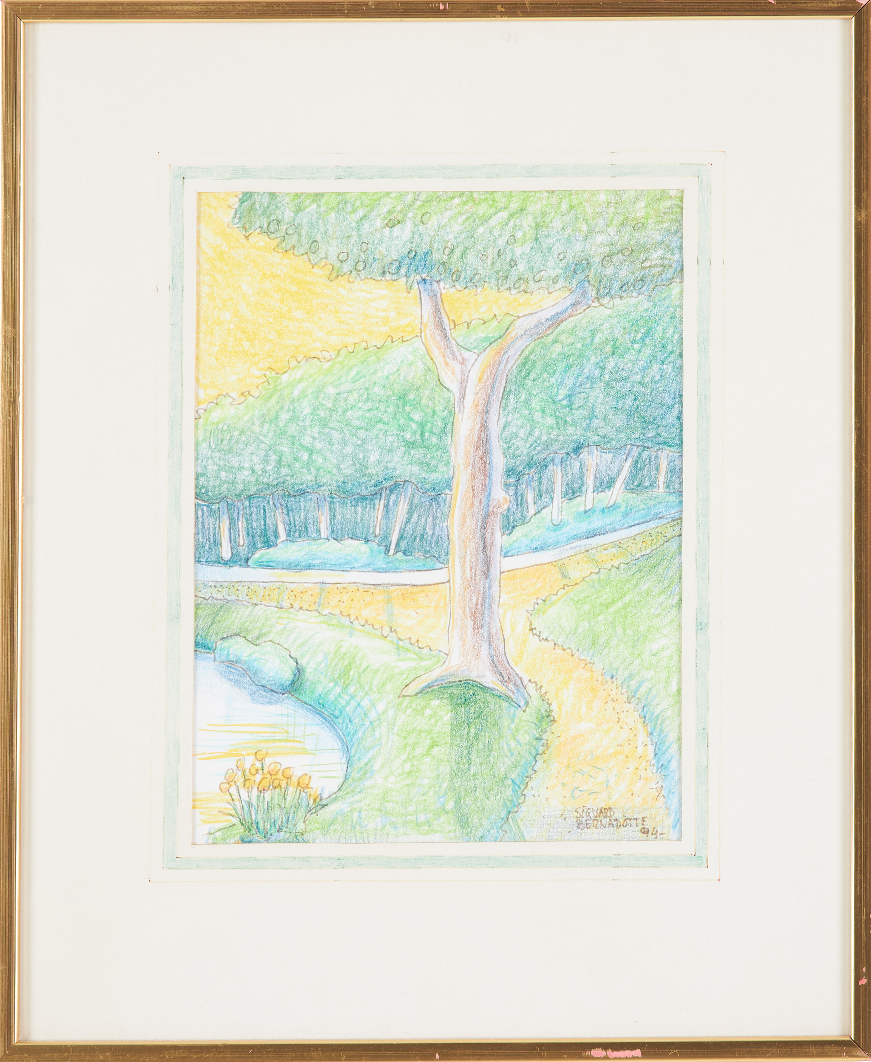 SIGVARD BERNADOTTE. parkmotiv, pastellkrita samt tusch, signerad samt daterad Sigvard Bernadotte -94.