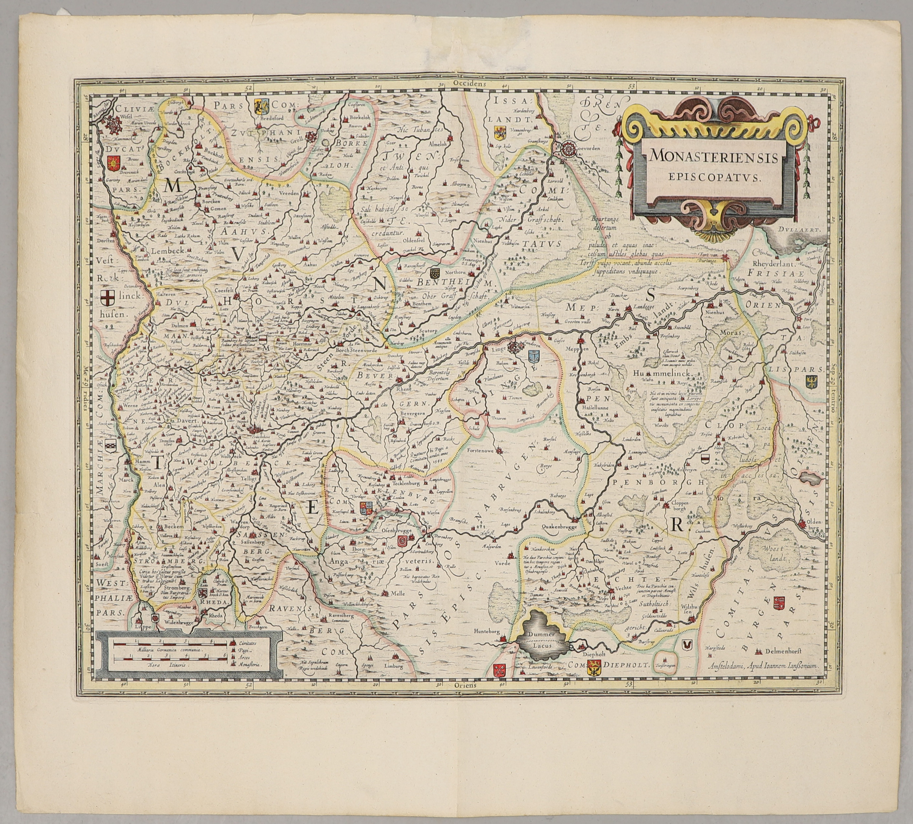 JOAN BLAEU/JOHANNES JANSSONIUS. Karta, handkolorerat kopparstick. Monasteriensis Episcopatus" ca 1640.