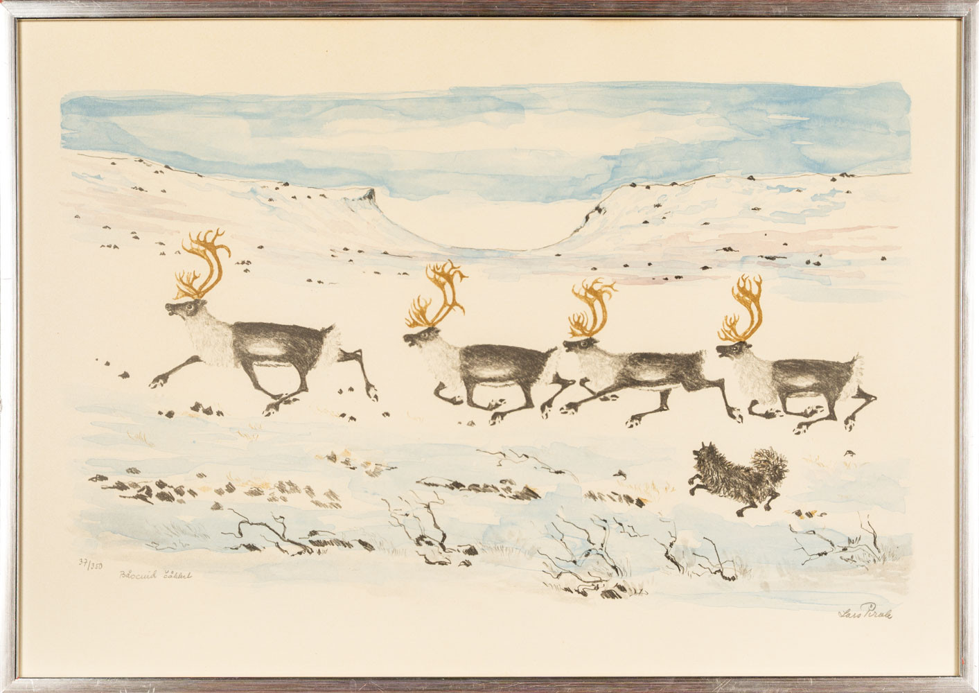 LARS PIRAK. Färglitografi, signerad, numrerad 37/350, " Renar på fjället med hund".
