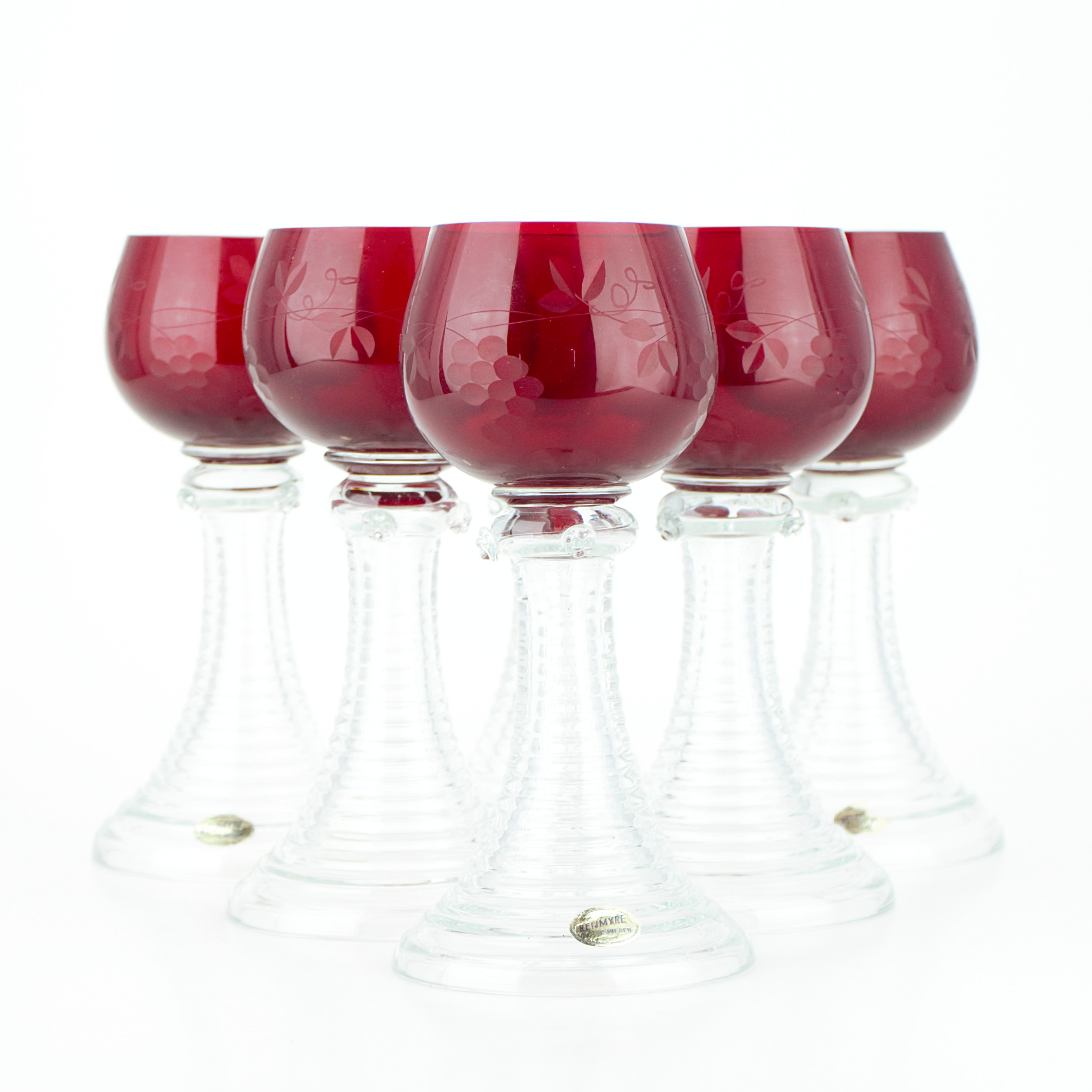 REMMARE, 6 st, fot av klarglas, kupa av rött glas med slipad dekor, Reijmyre.