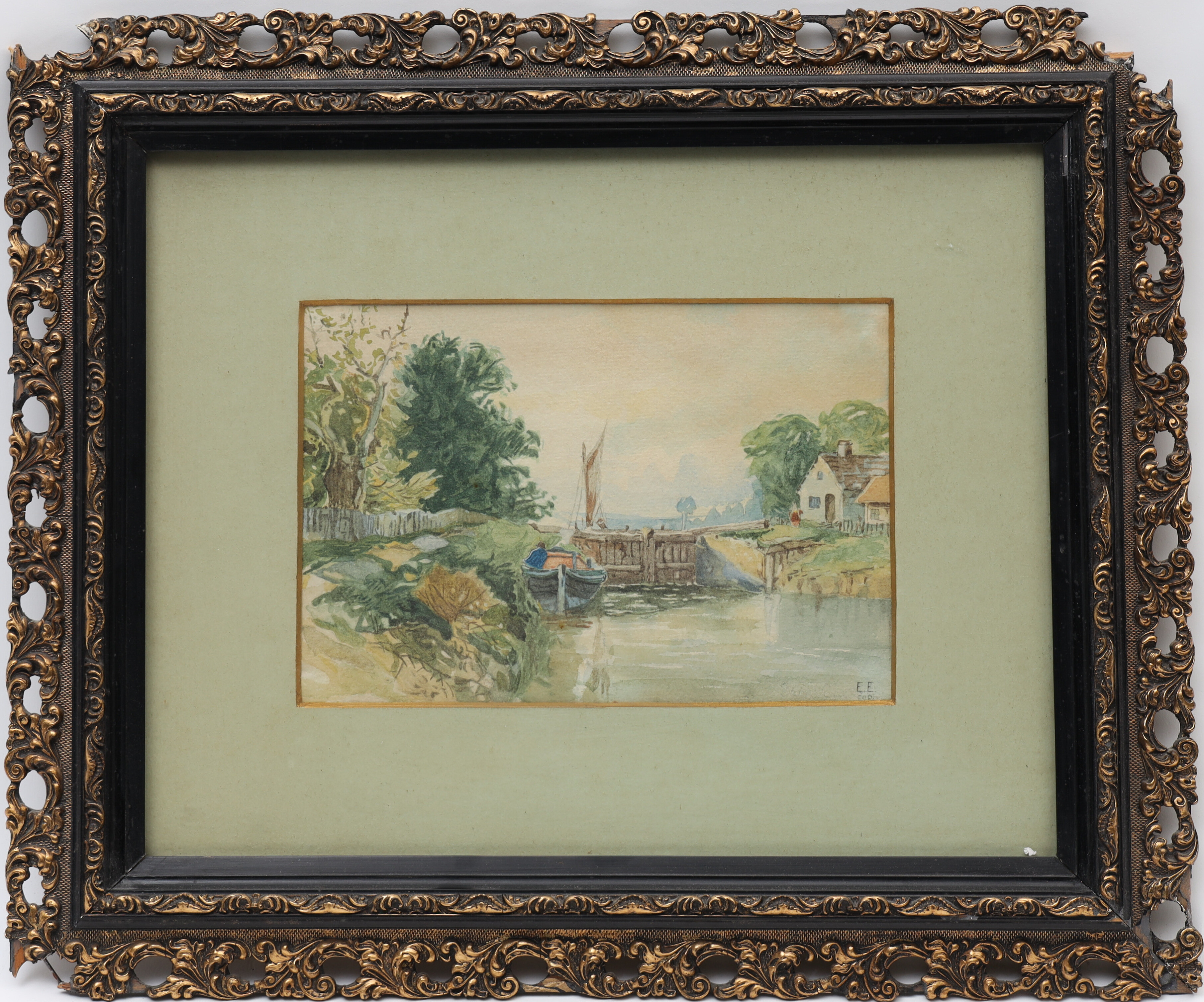 OIDENTIFIERAD KONSTNÄR. Akvarell, landskap med båt. 1800/1900-tal.