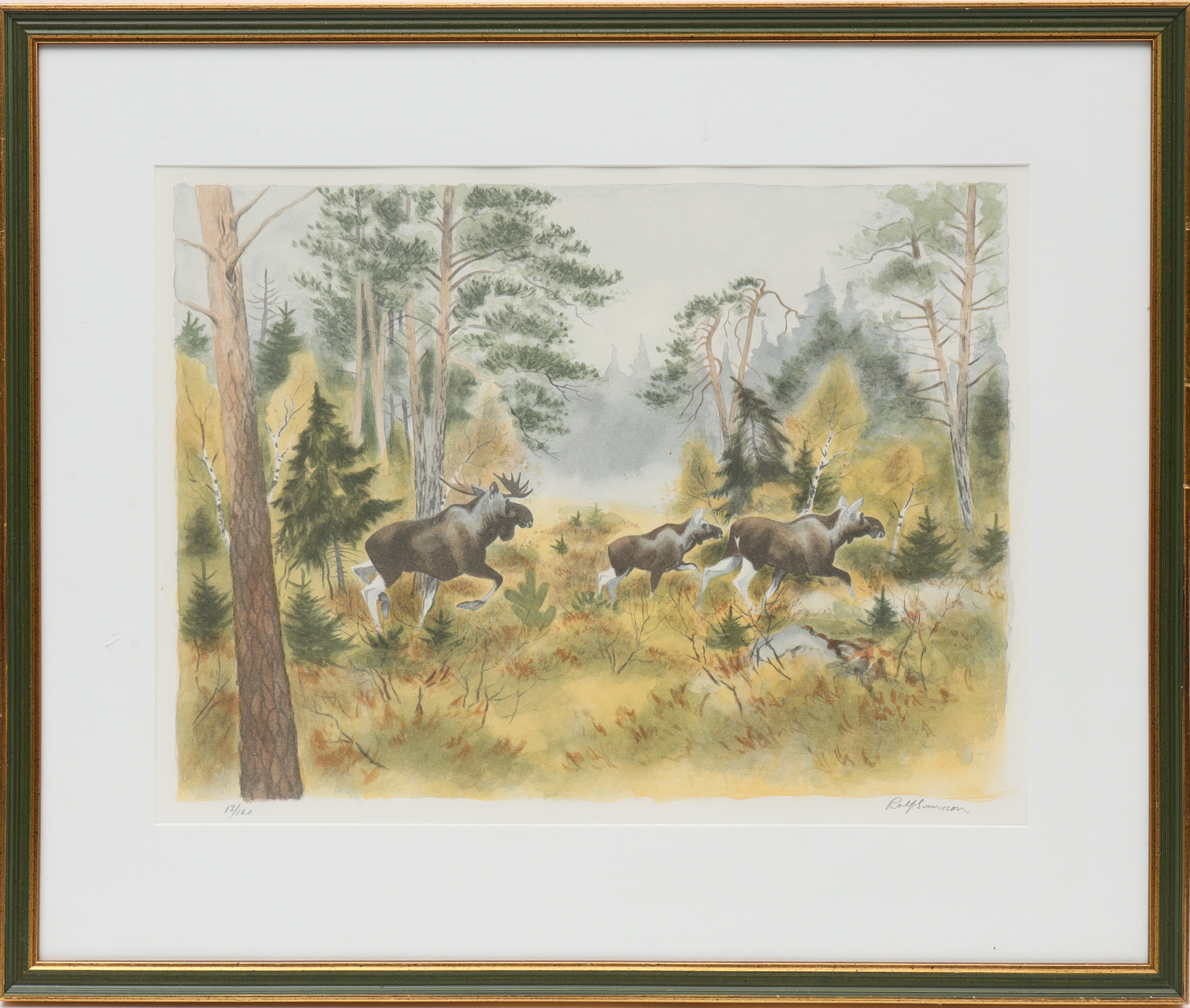 ROLF SVENSSON. Motiv med älgar, färglitografi, signerad och numrerad.