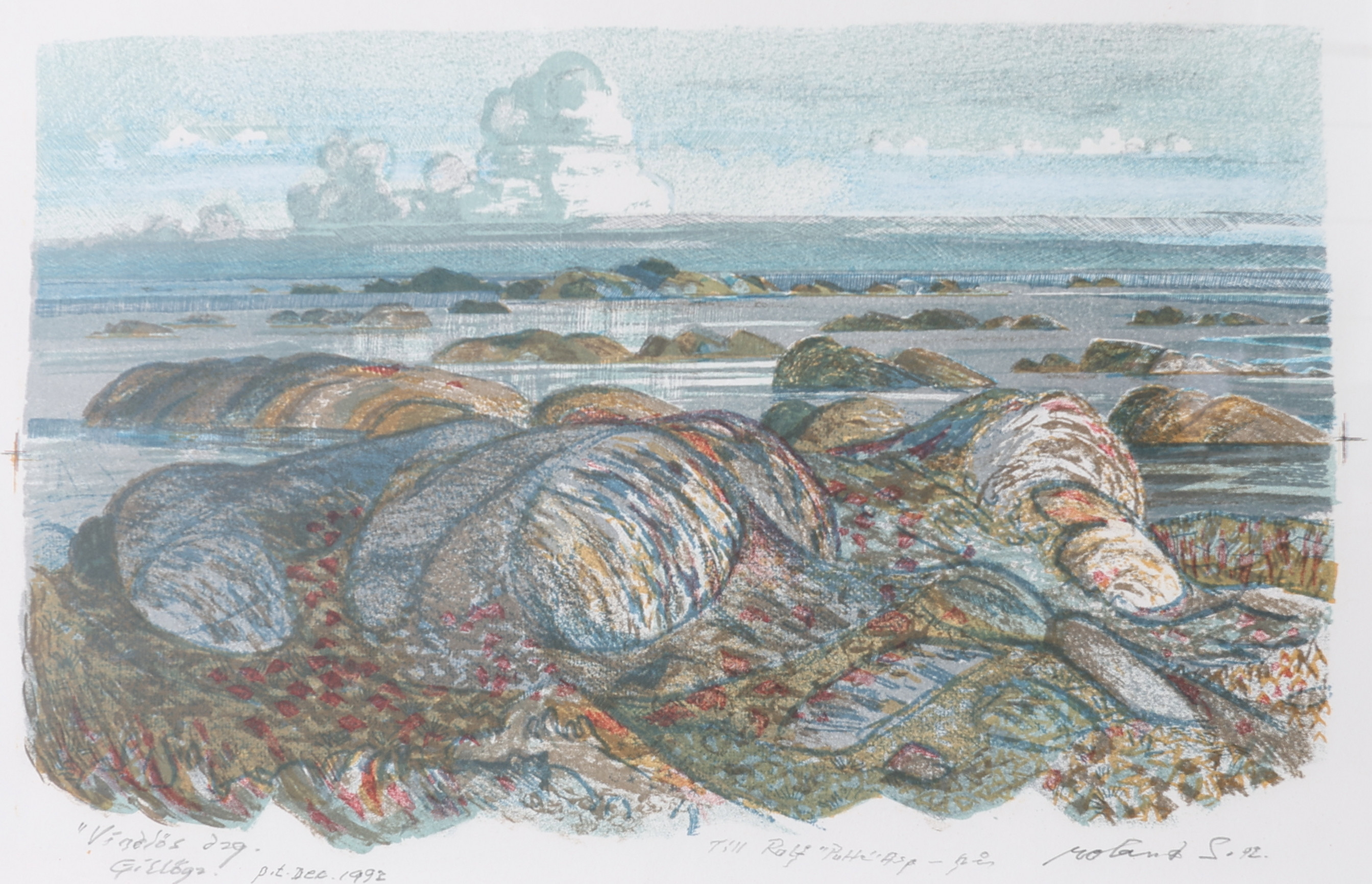 ROLAND SVENSSON. "Vindlös dag, Gillöga", färglitografi, provtryck, signread samt daterad 1992.