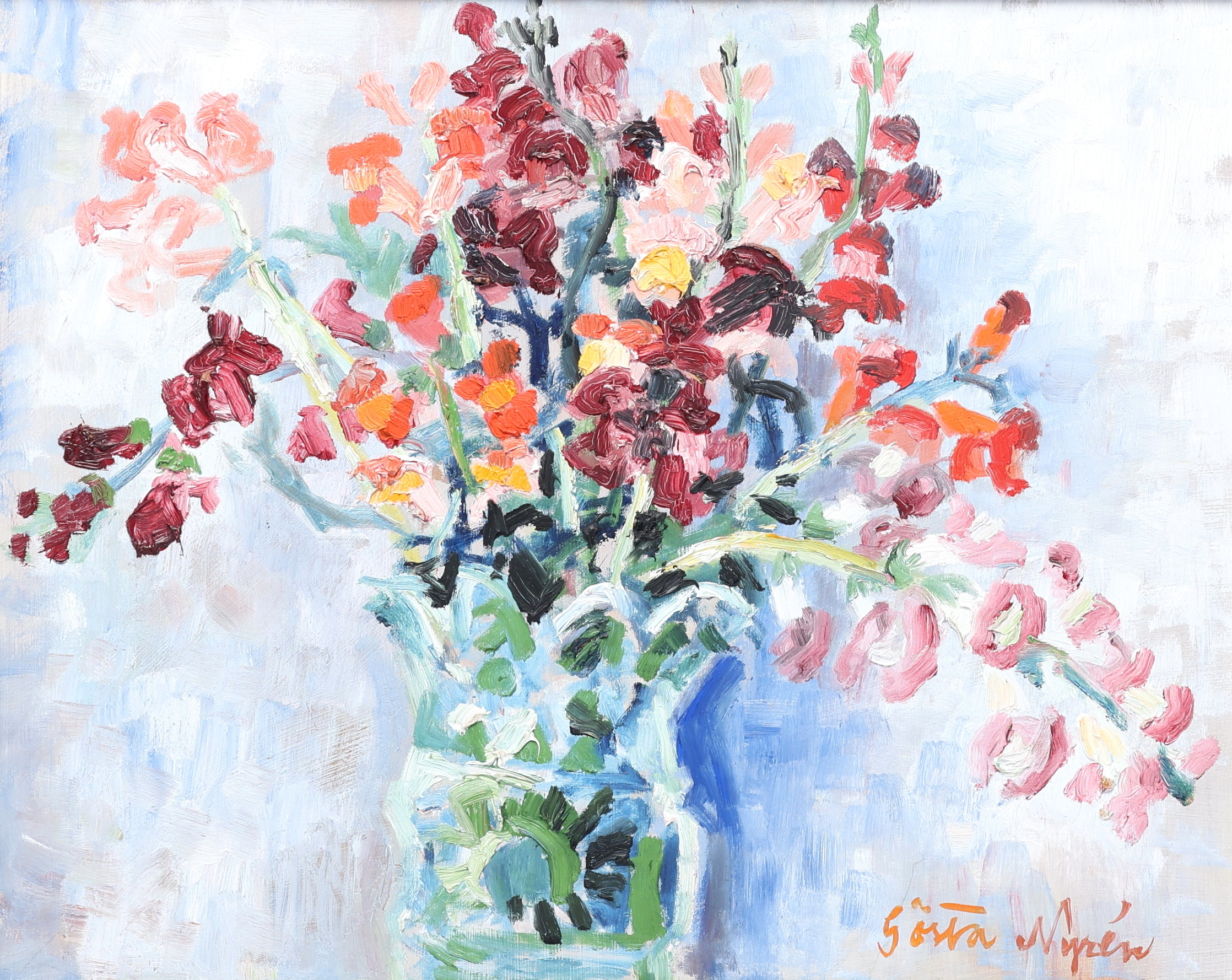 GÖSTA NYRÉN. Blomsterstilleben, olja på pannå, signerad.