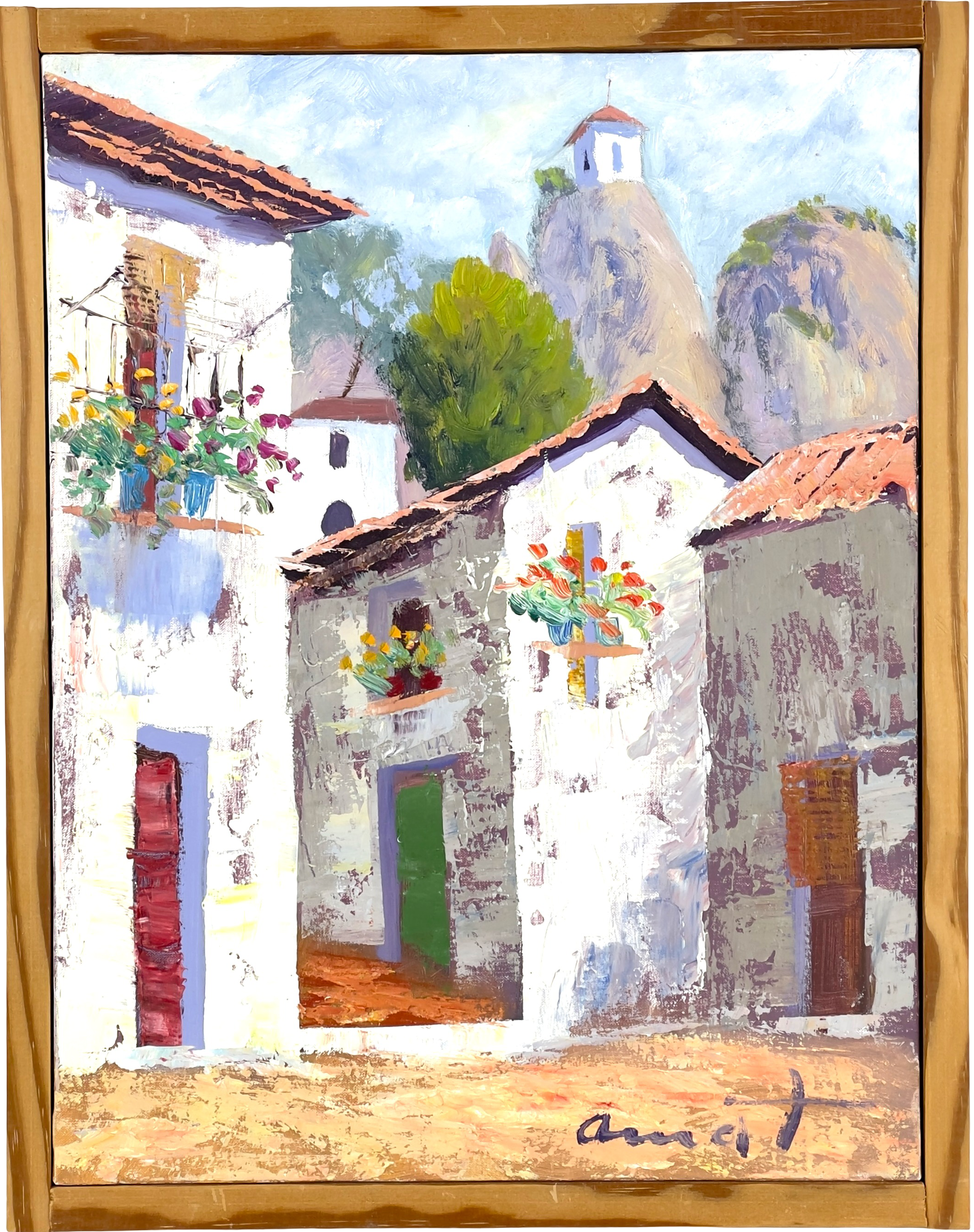 OIDENTIFIERAD KONSTNÄR, acryl på duk, motiv av sydländsk by, signerad amat.