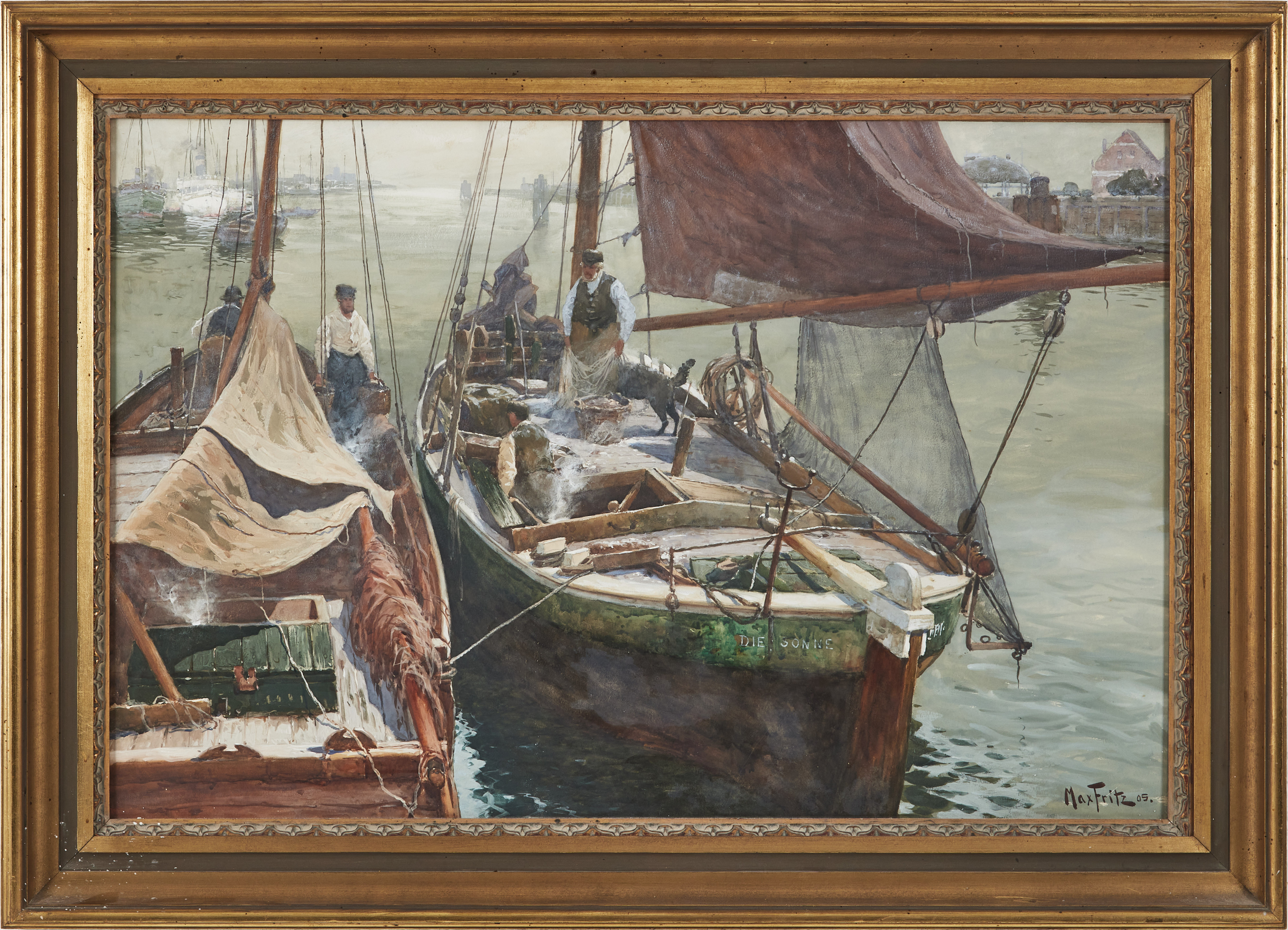 MAX FRITZ. Krabbfiskare på båten die Sonne, akvarell, signerad, daterad 05.