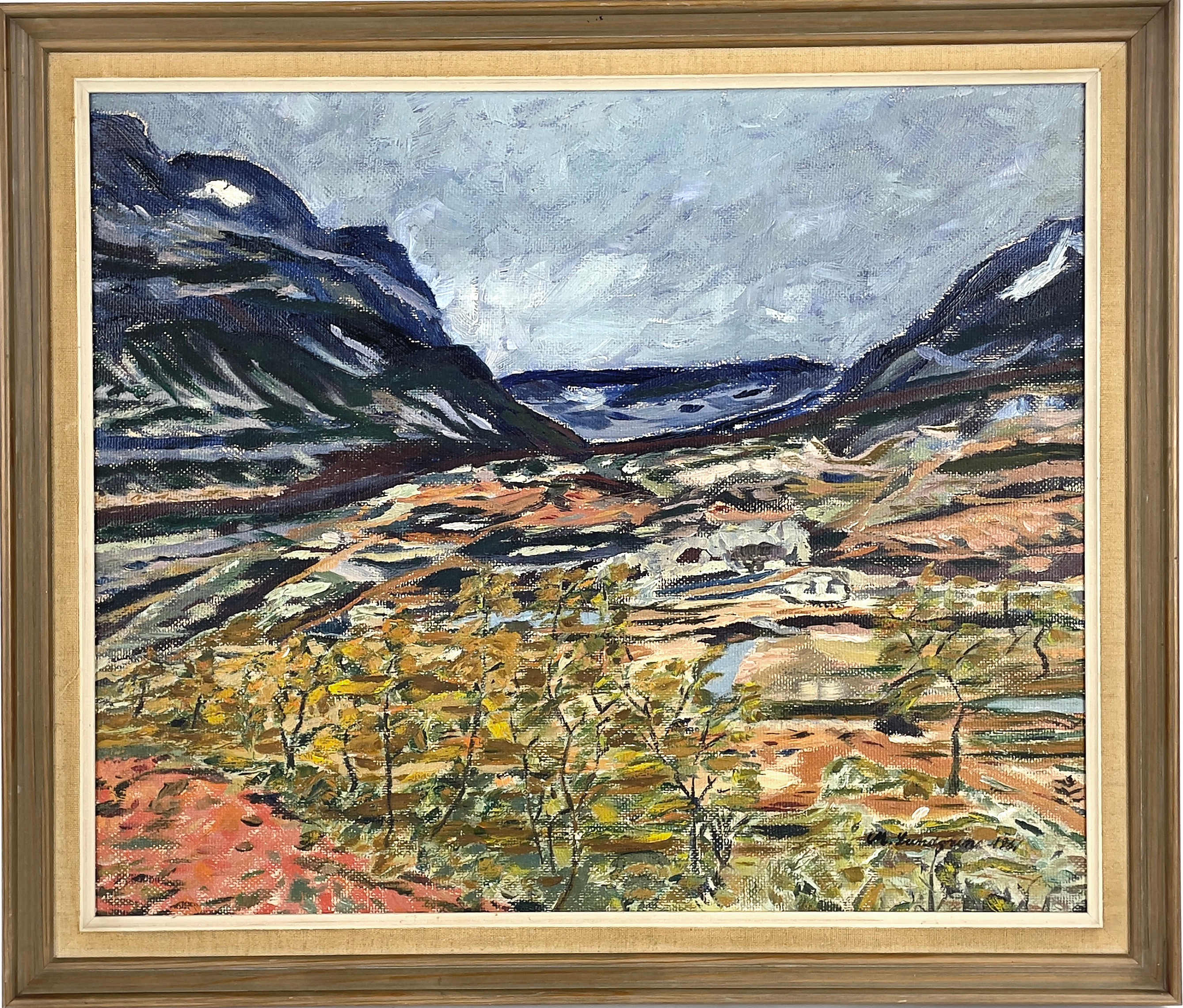 OIDENTIFIERAD KONSTNÄR, olja på pannå, fjällandskap, signerad M Lundgren samt daterad 1961.