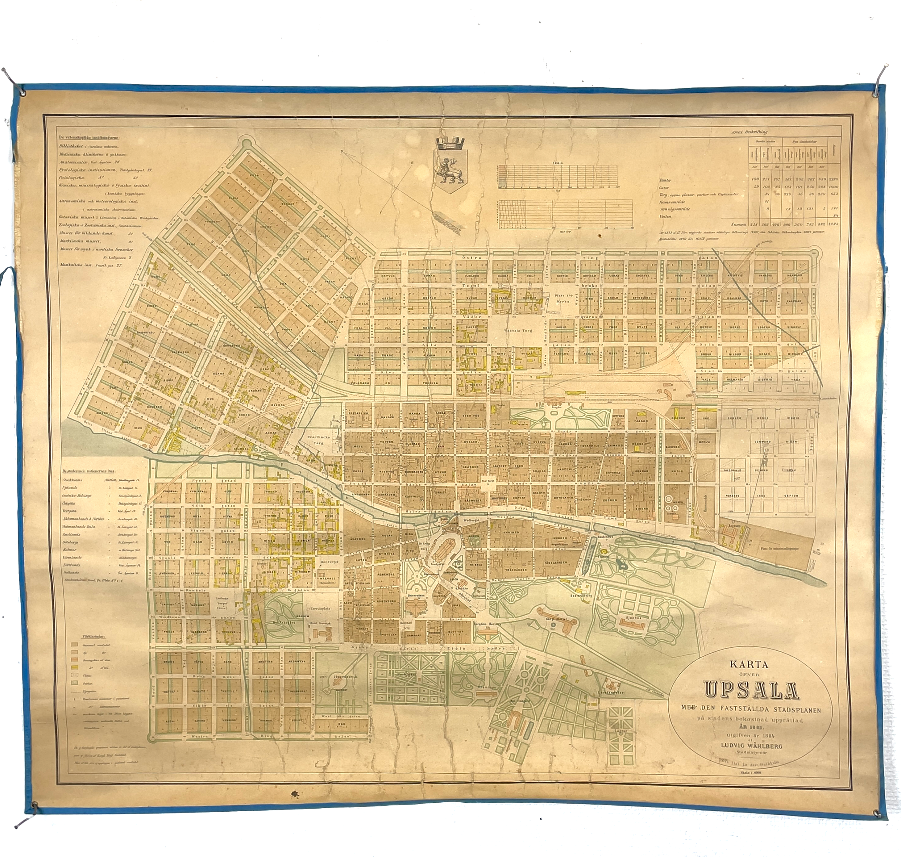 KARTA, papper på textil, "Karta öfver Upsala", Ludvig Wåhlberg, 1800-talets sista del.