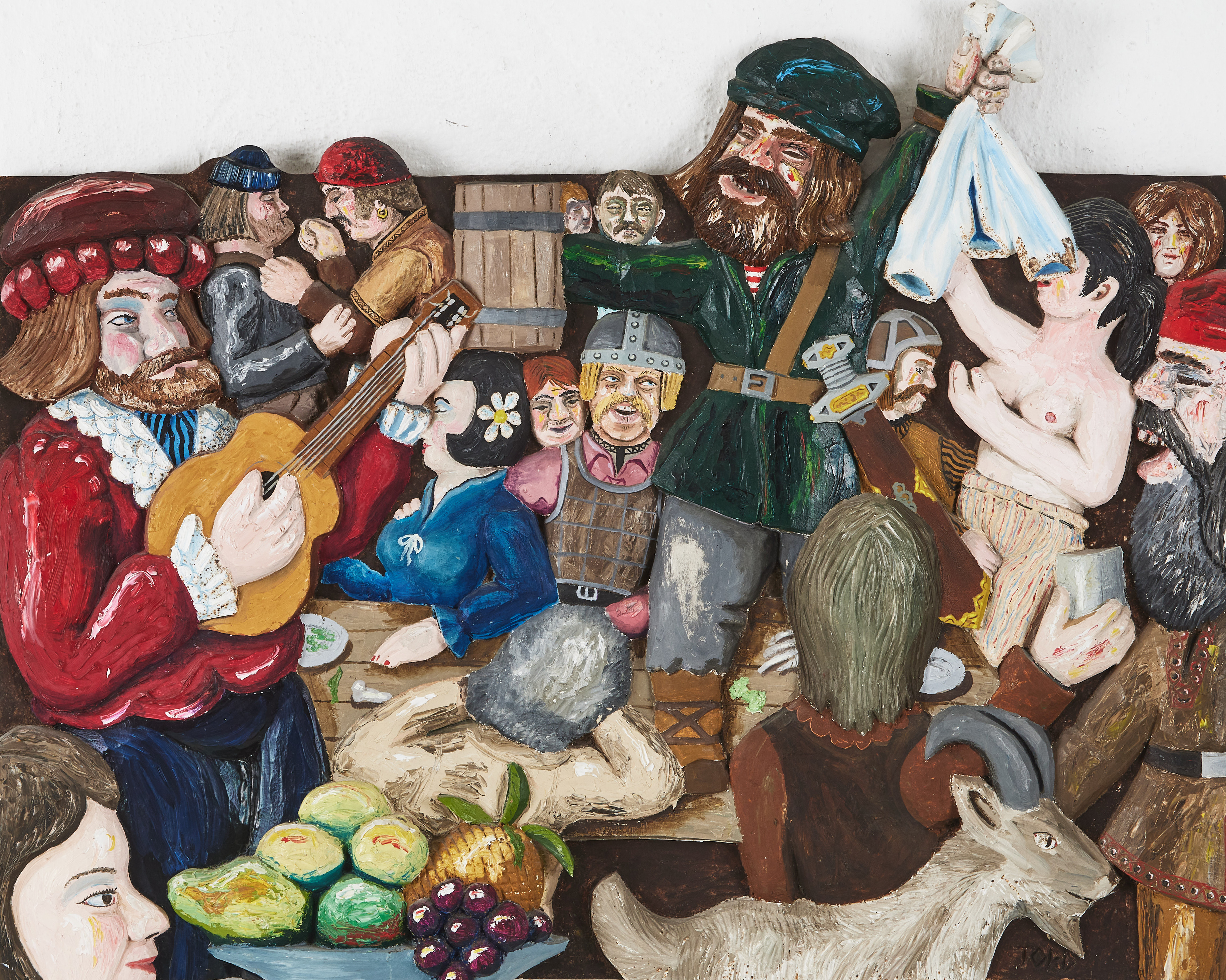 TORD OLSSON. Gästabud, relief i trä, signerad.