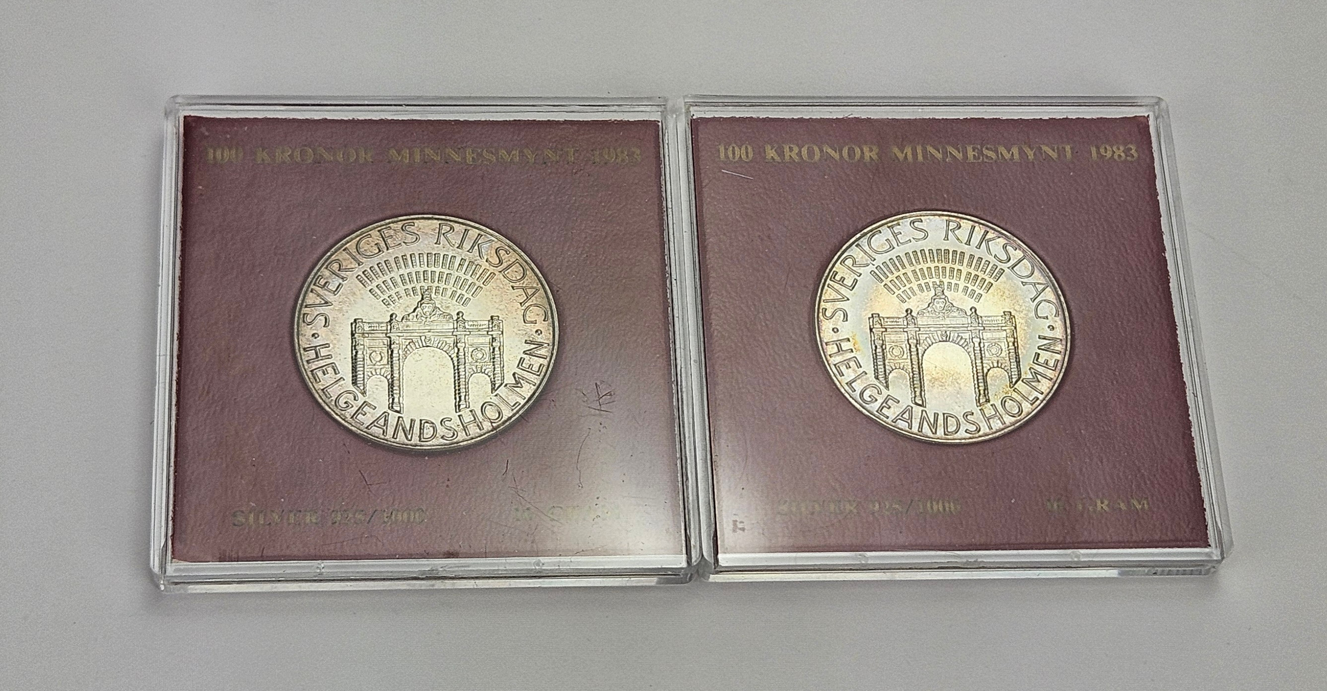 MINNESMYNT, 2 st, silver, 92,5 %, Sveriges Riksdag, Helgeandsholmen, 1983.