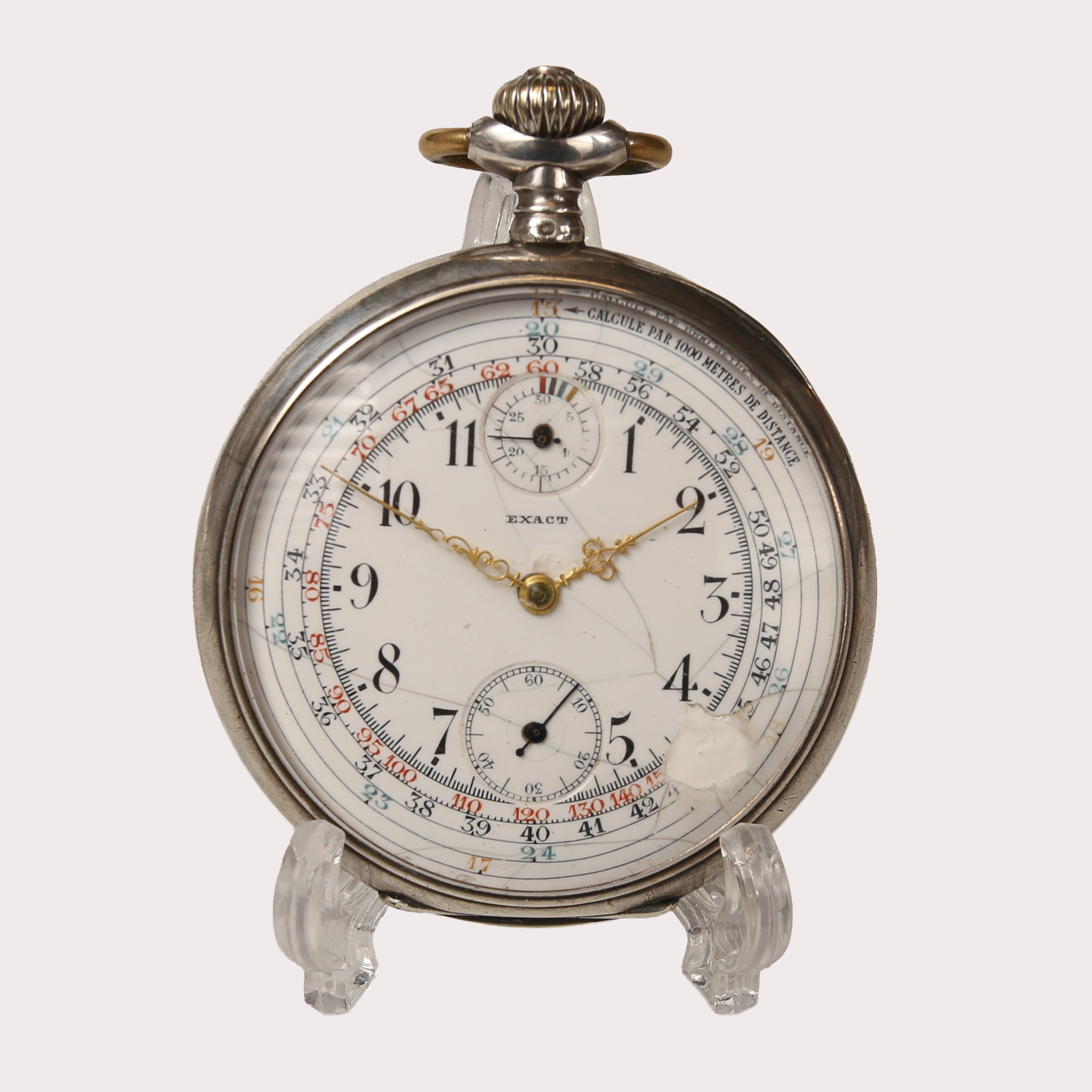 KRONOGRAF, FICKUR, EXAKT, boett i vitmetall, två register. skyddskapsel ingår. 1900-talets första fjärdedel.