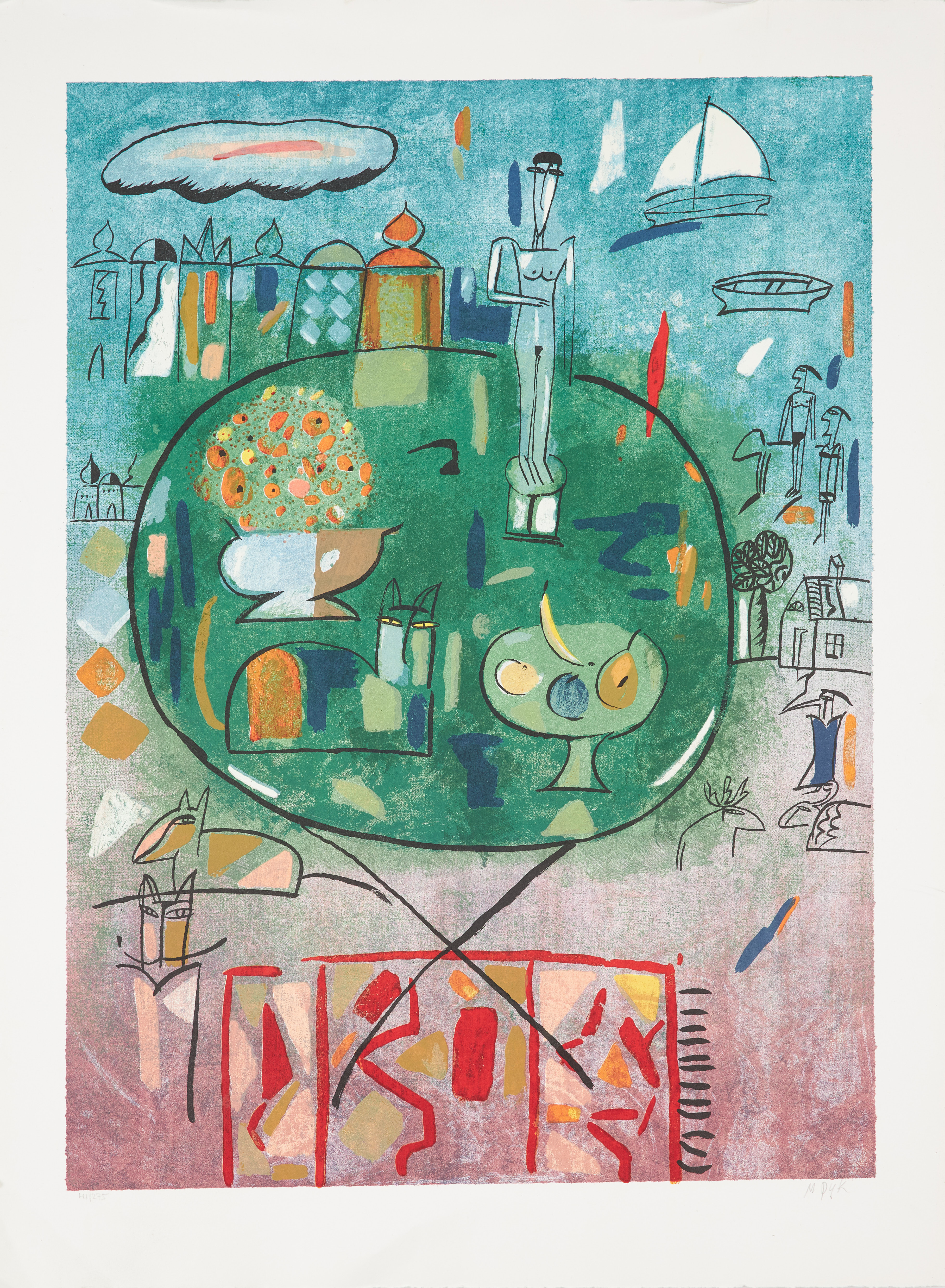 MADELEINE PYK. Komposition strandmotiv, färglitografi, signerad och numrerad 41/275.