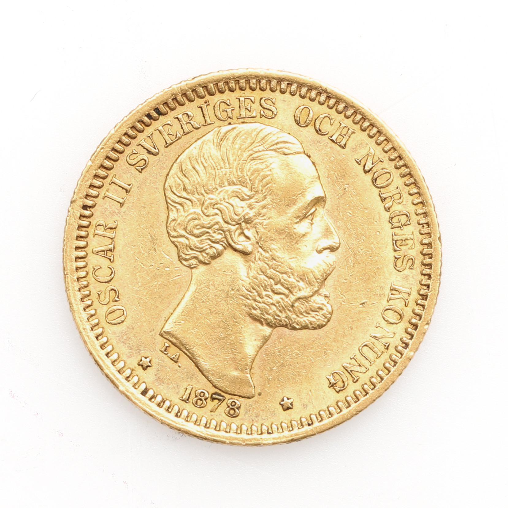 MYNT, 21,6 K guld. "20 KRONOR OSCAR II". Vikt 9 gram.