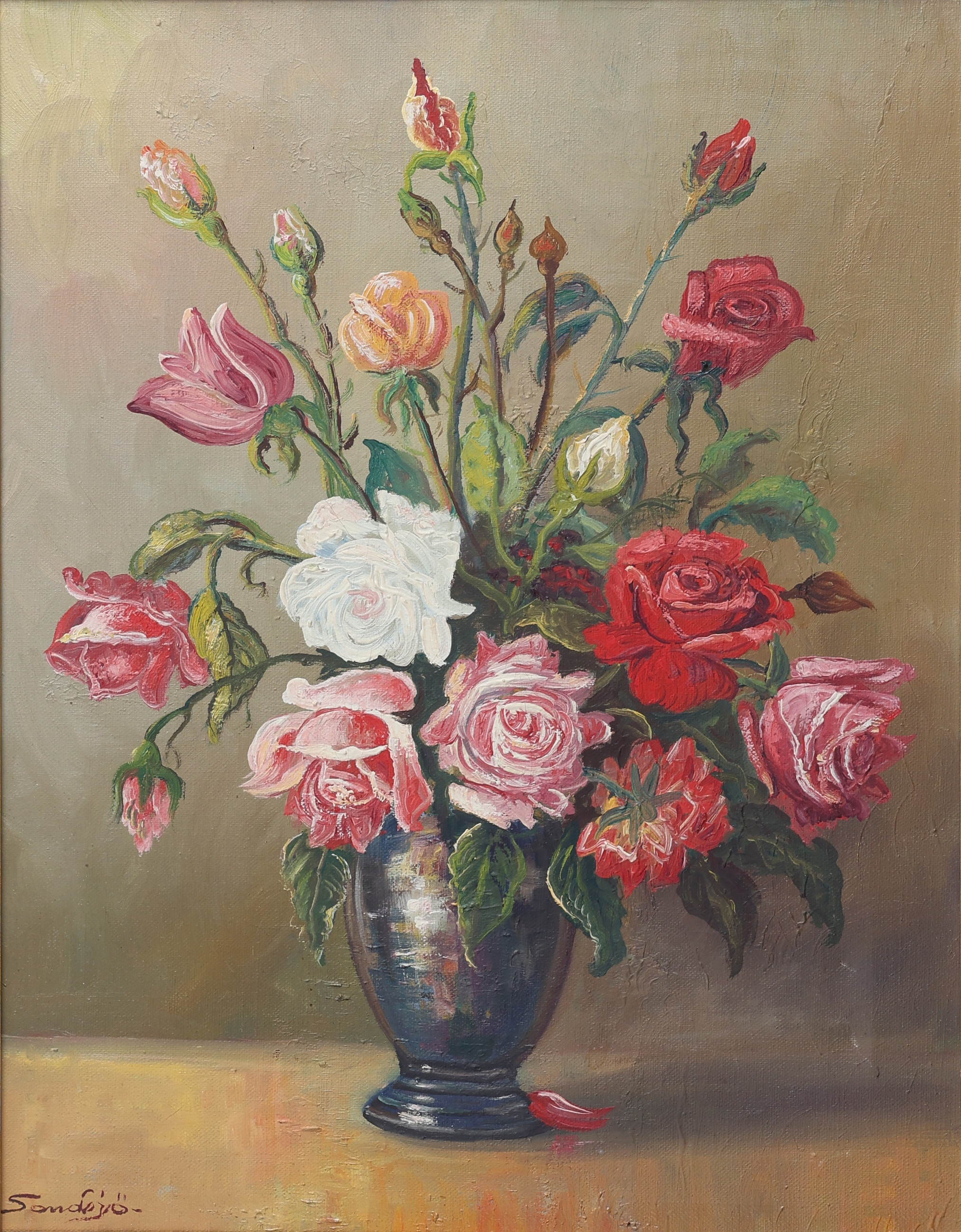 ERIK SANDSJÖ. Olja på duk, blomsterstilleben, signerad.