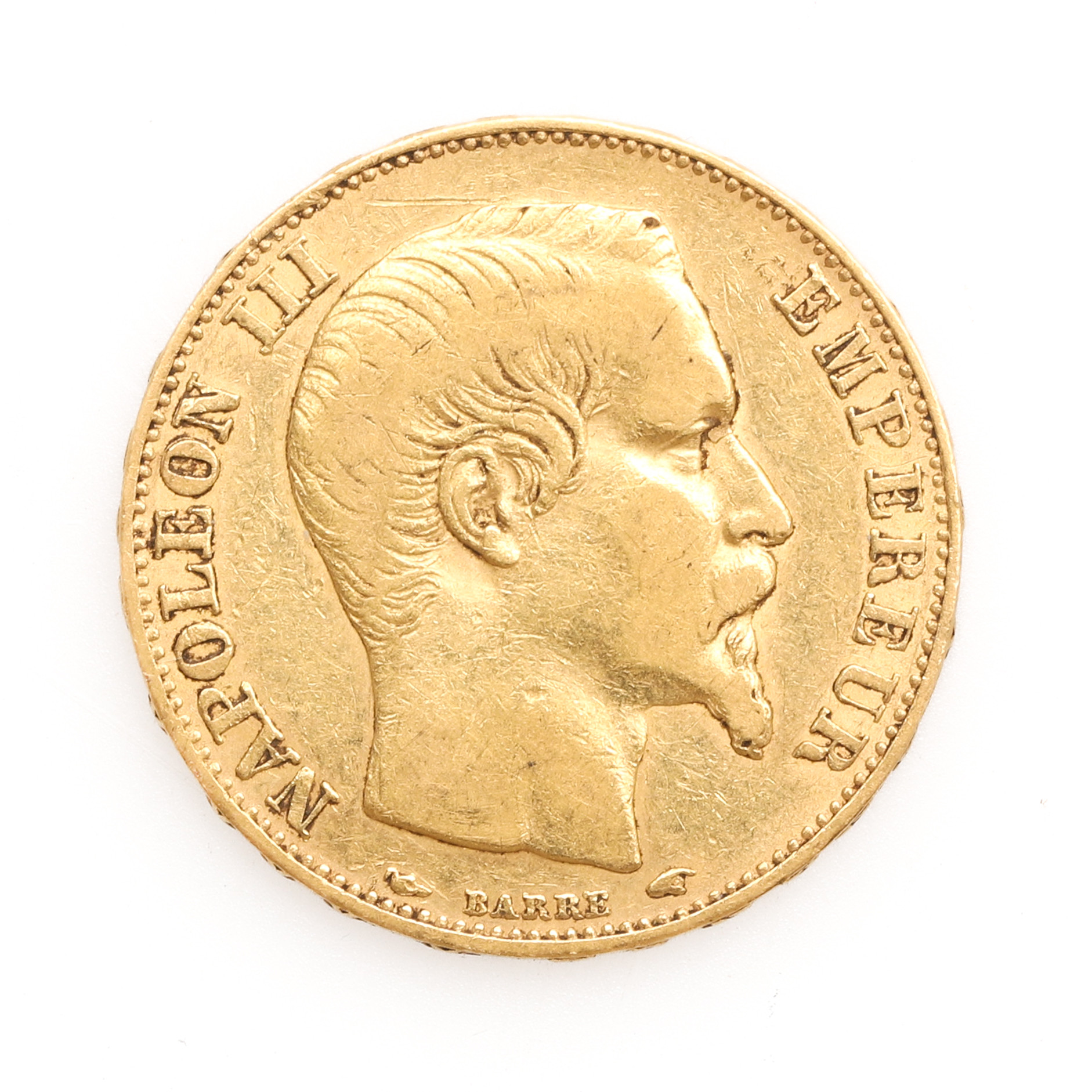 MYNT, 21,6 k guld, 20 francs, Frankrike 1864 Kejsare Napoleon III (1852-1870), gravör Désiré-Albert Barre. Vikt ca 6,4 gram.