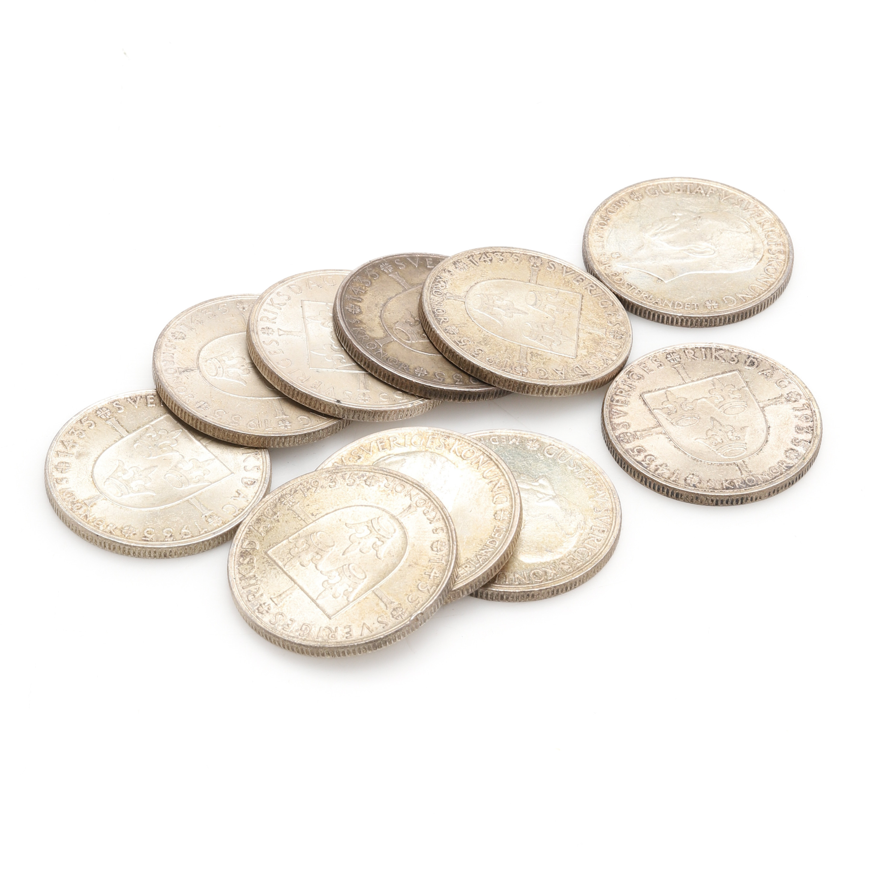 MYNT, 10 st "5 KRONOR GUSTAV V 1935". Vikt ca 250 gram. . 90% silver.