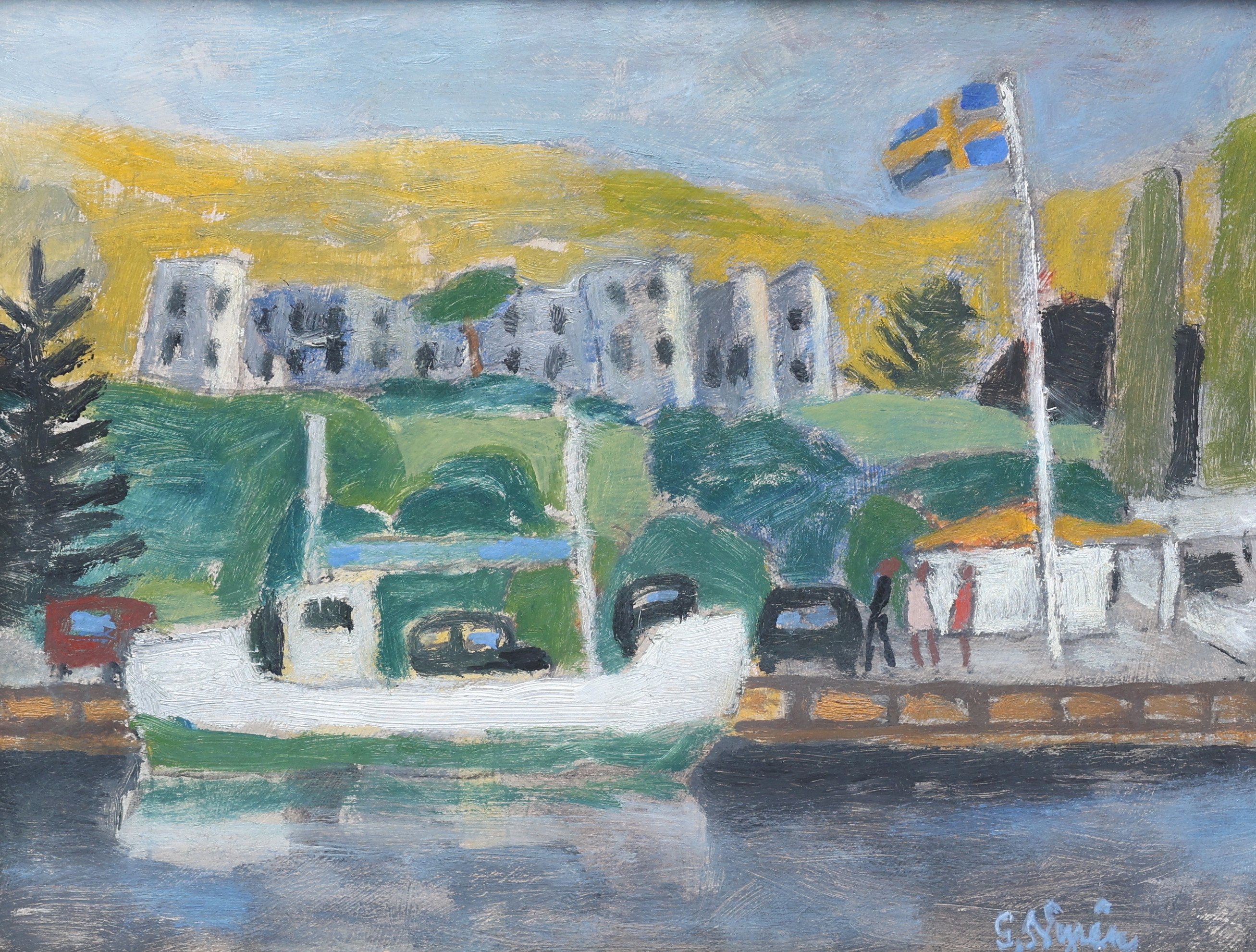 GÖSTA NYRÉN. Olja på pannå, "Borgholm Sommarkväll", signerad.