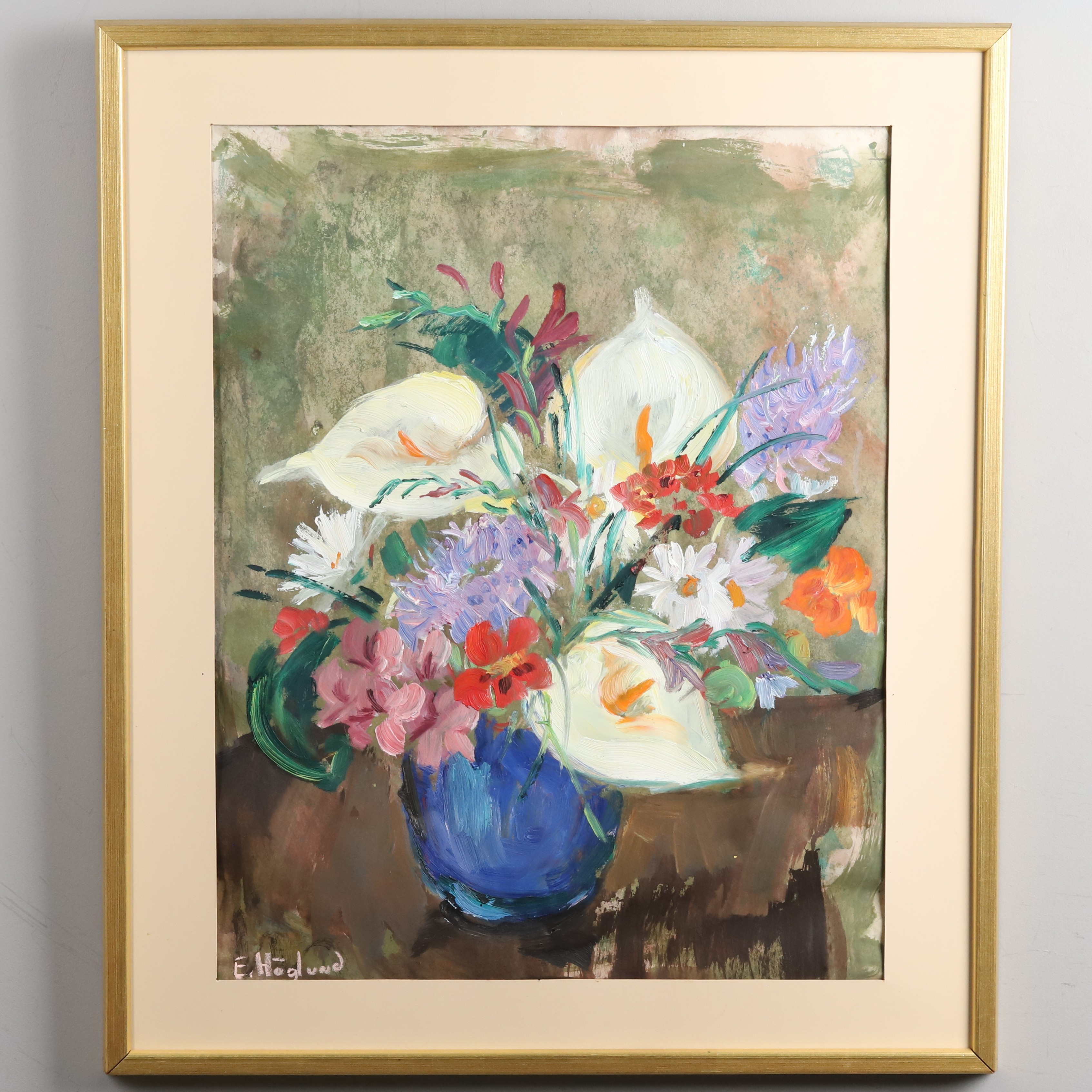 ELIN HÖGLUND. Blandteknik, blomsterstilleben, signerad.