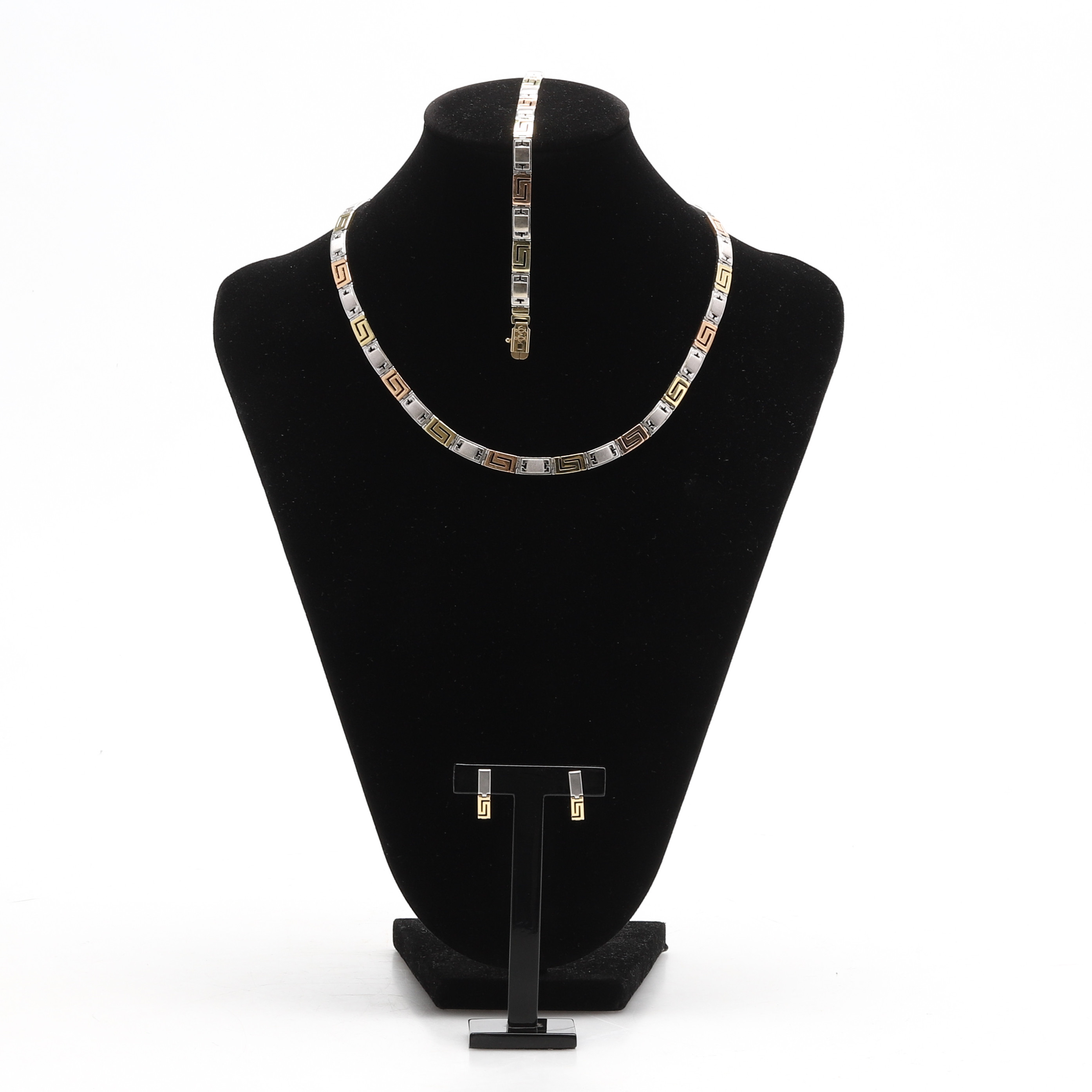 COLLIER, ARMBAND OCH ÖRHÄNGEN, 14k 3-färgat guld. Inköpta i Grekland. Vikt ca 47 gram.