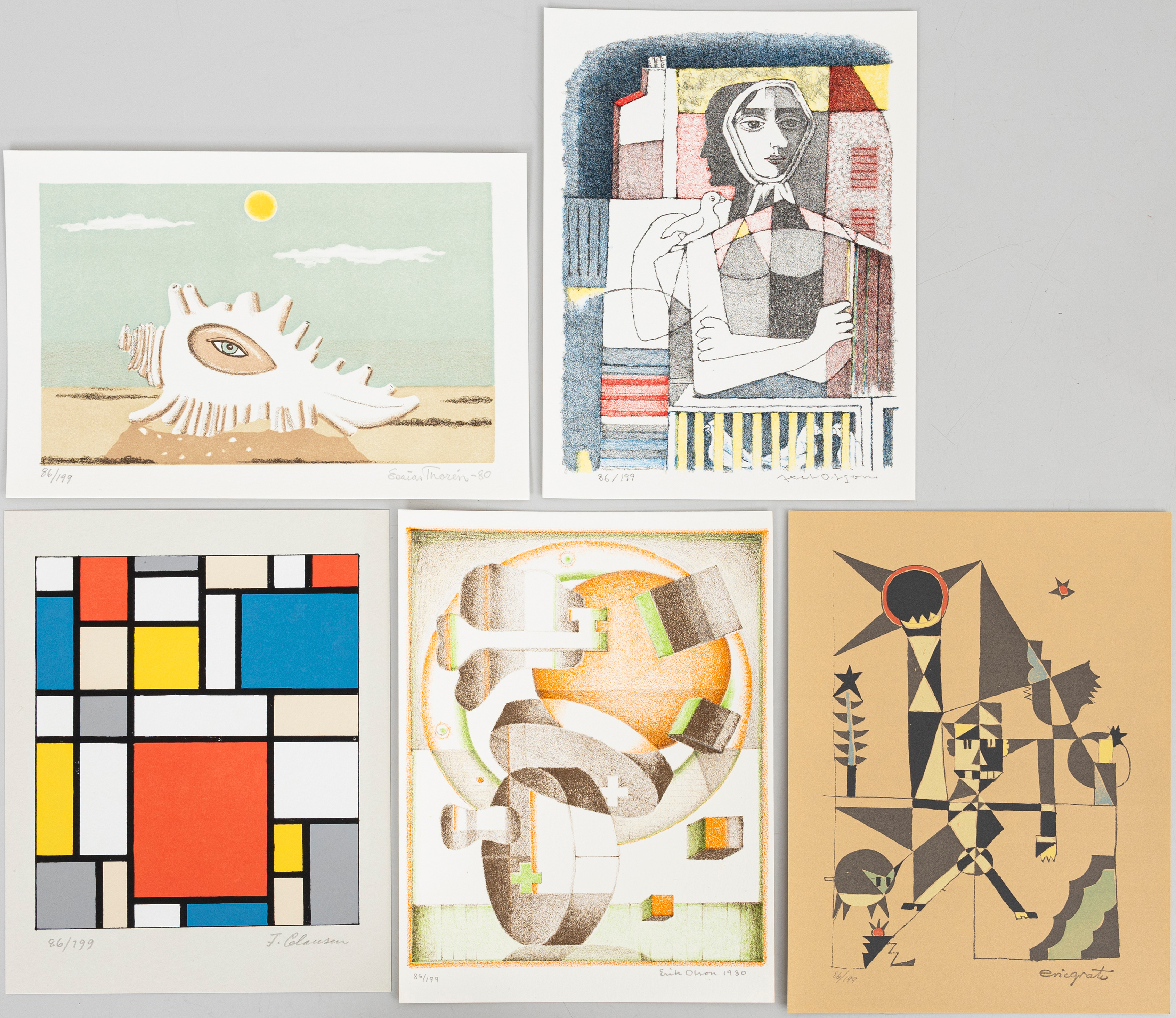 OTTO G CARLSUND. OSCAR REUTERSVÄRD. Otto G. Carlsund i fjärrperspektiv. Åhus (Kalejdoskop) 1988. 5 litografier, signerade.