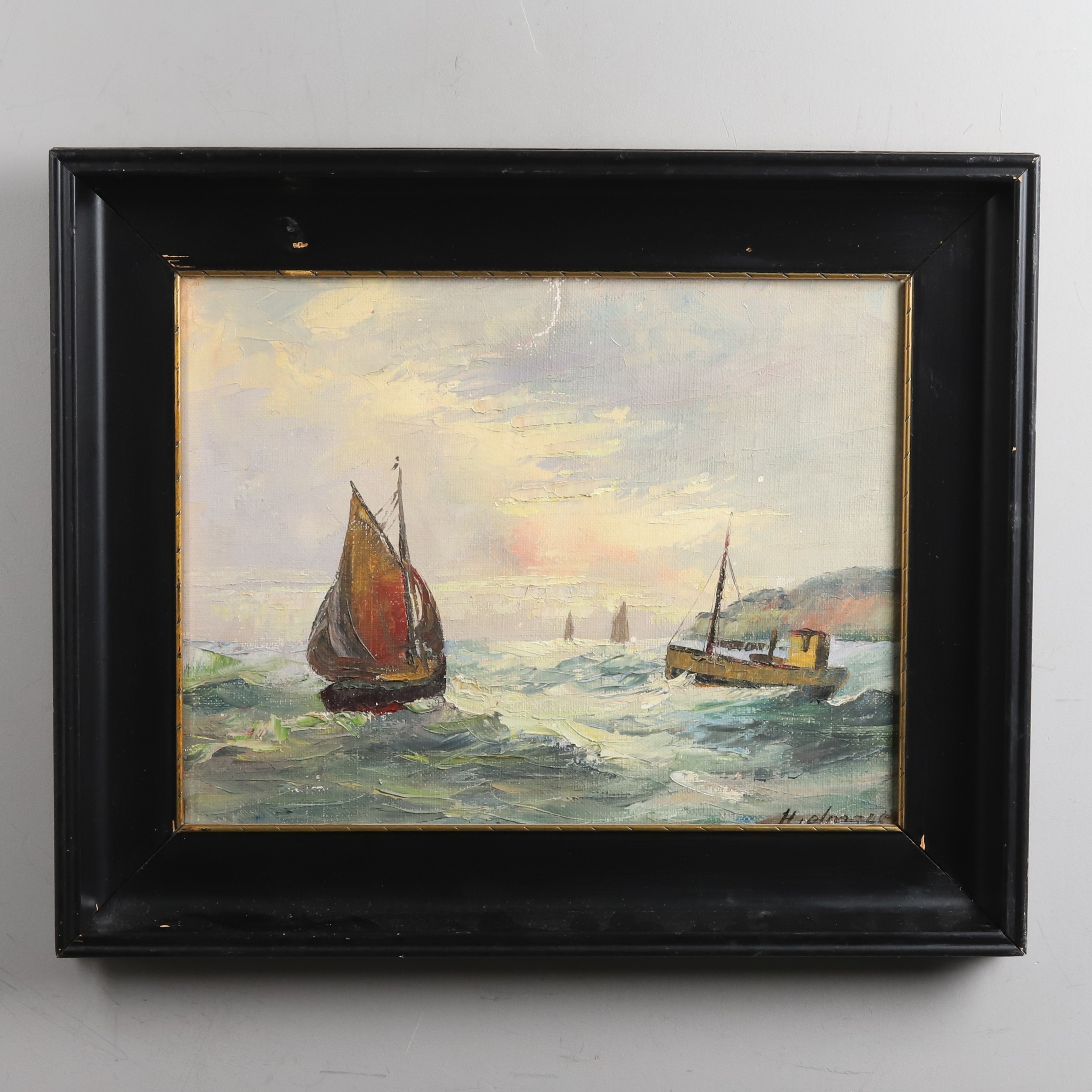 OIDENTIFIERAD KONSTNÄR. Olja på duk. "Båtar i skymning", signerad.