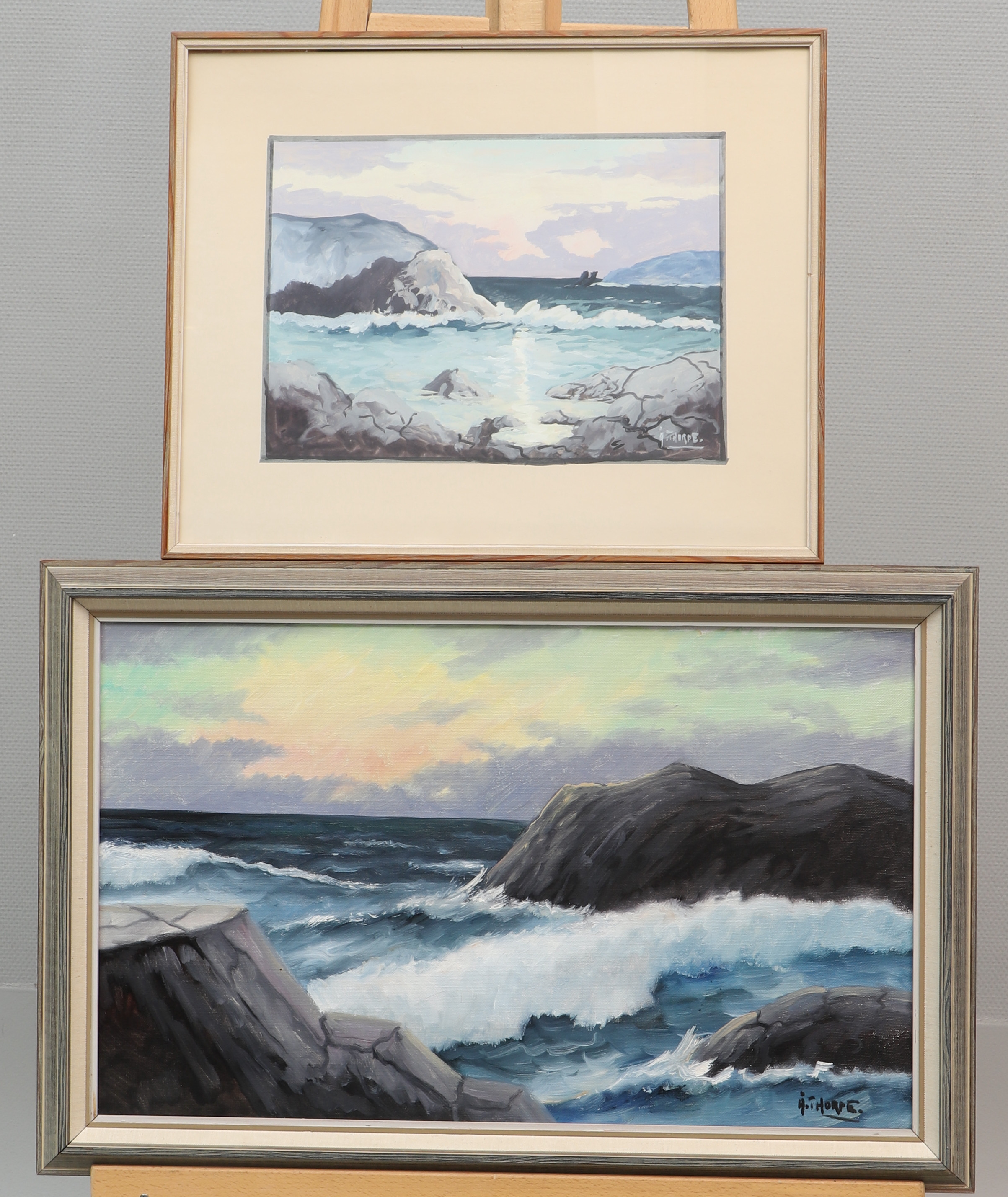 ÅKE THORPE. Akvarell & olja på duk, 2 st, kustmotiv, signerade.