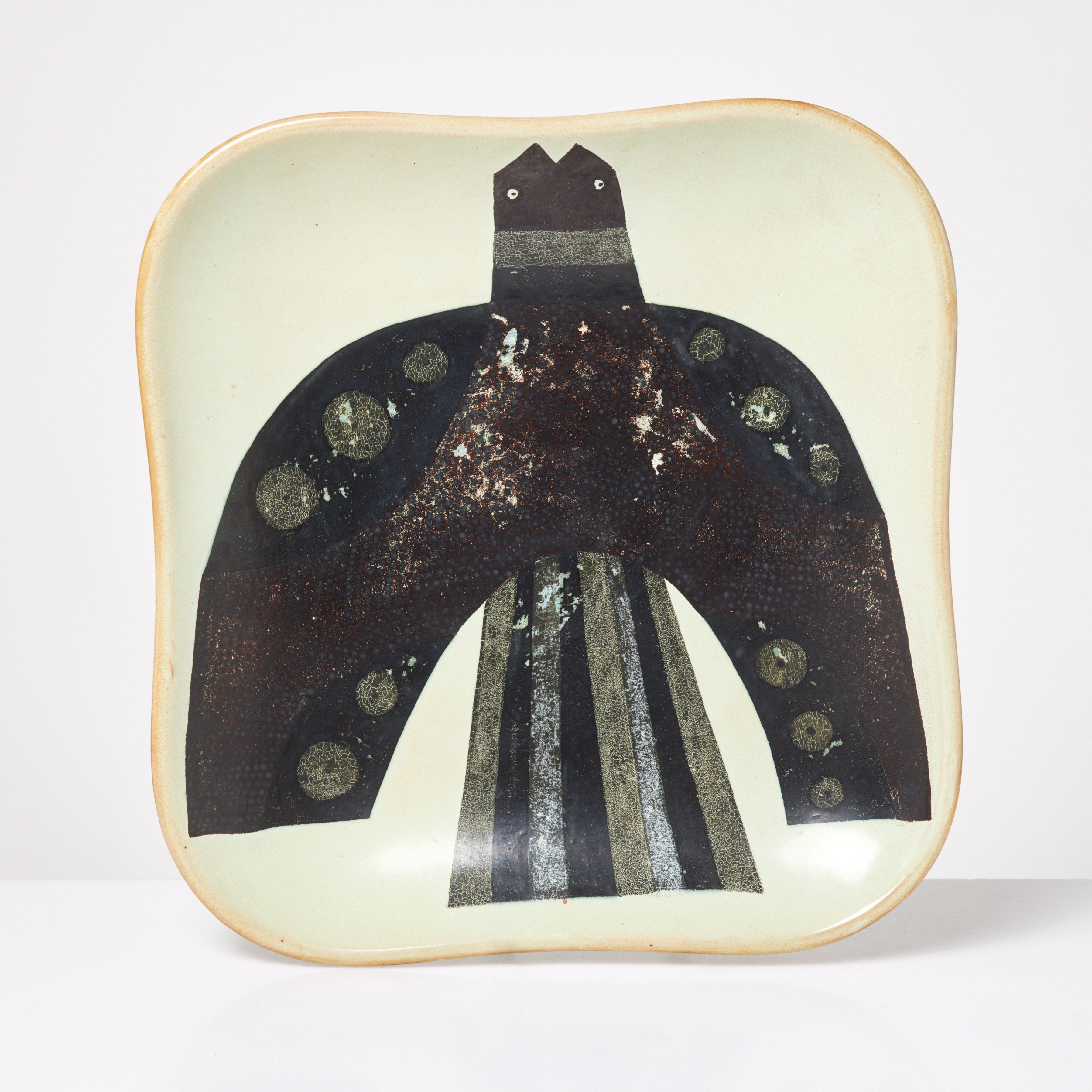 CARL HARRY STÅLHANE. Skålfat, fajans, dekor av stiliserad fågel, Rörstrand, monogramsignerad.