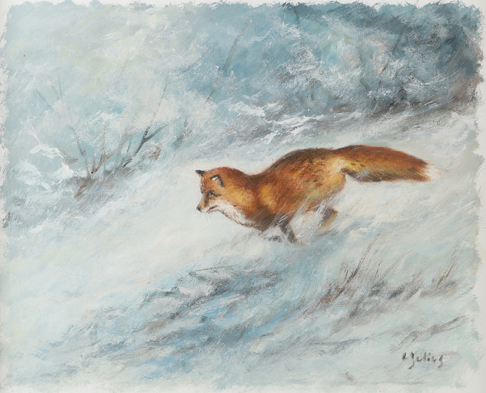 CARL JULIUS. Räv i vinterlandskap, olja på duk, signerad C. Julius.