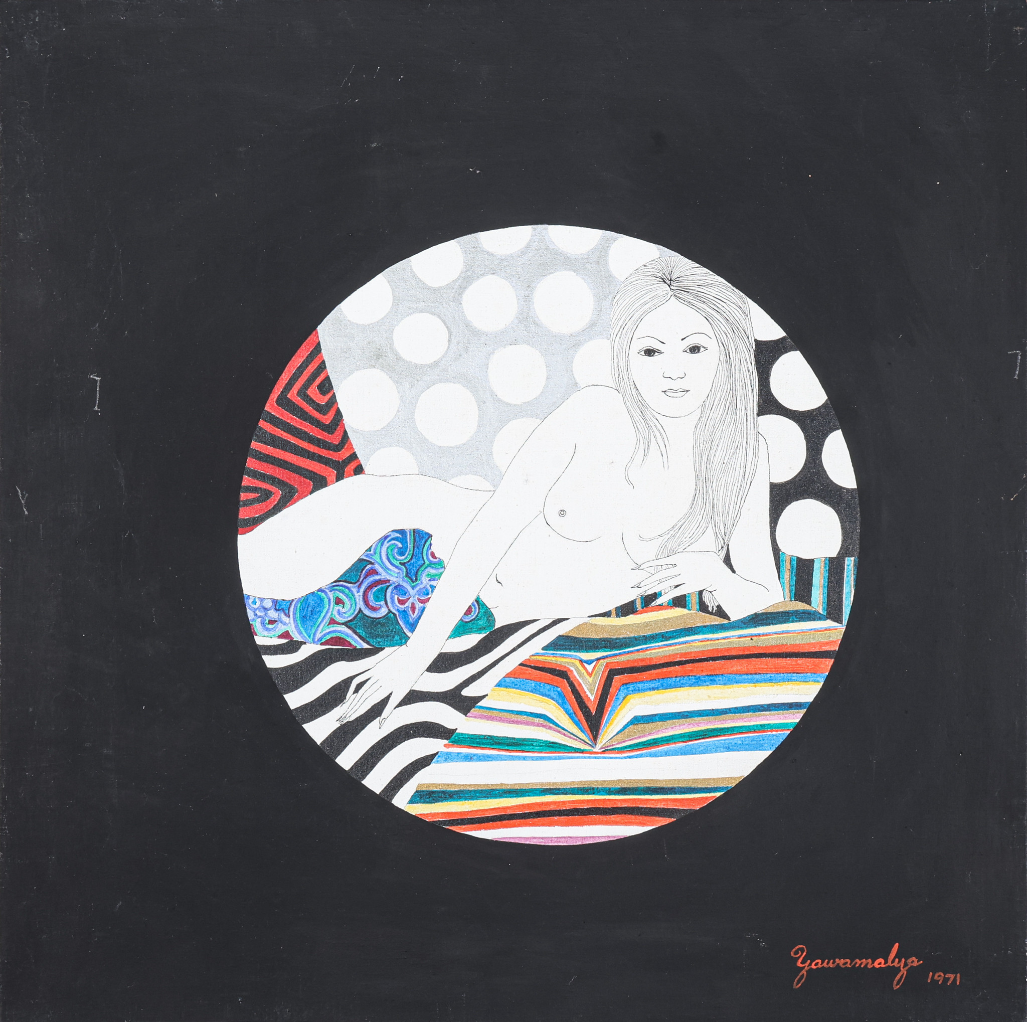 YAWAMALYA THAREENAK. Blandteknik på pannå, kvinna på mönster, signerad, daterad -71.