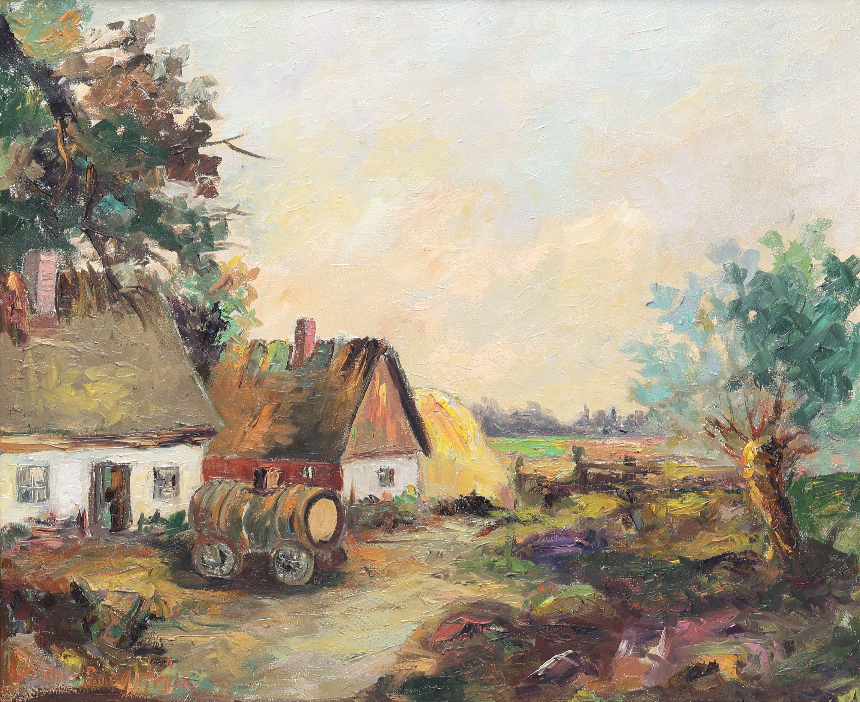 KARIN BERGSTRÖM. Olja på duk, gårdsmotiv, signerad.